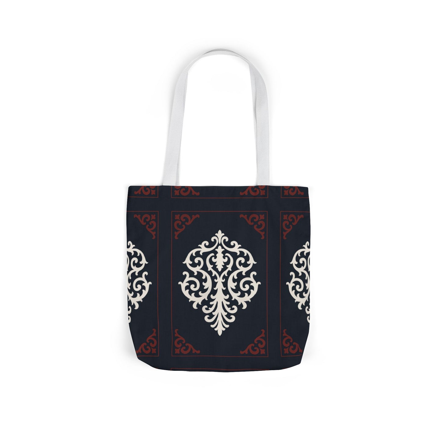 Dusk Blue-Maroon & White Baroque Pattern Canvas Tote Bag — Elegant Dusk Blue & White Reusable Market Bag