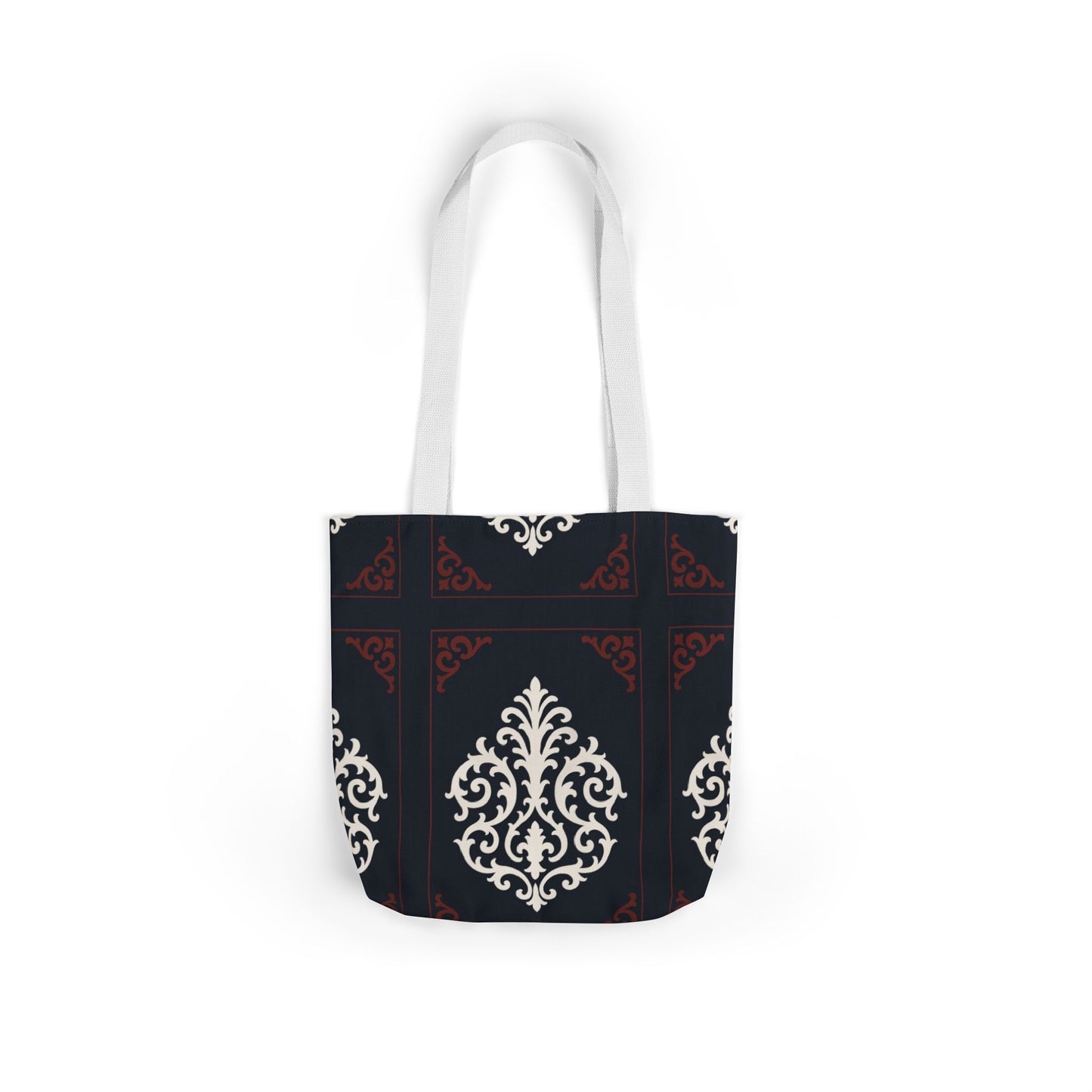 Dusk Blue-Maroon & White Baroque Pattern Canvas Tote Bag — Elegant Dusk Blue & White Reusable Market Bag