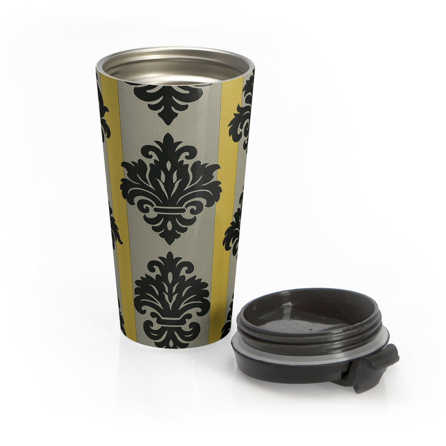 Stylish Travel Mug, Insulated Coffee Cup, Elegant Travel Tumbler, Coffee Lover Gift, Office Mug, Tea Container - Silver & Gold Striped Black Baroque