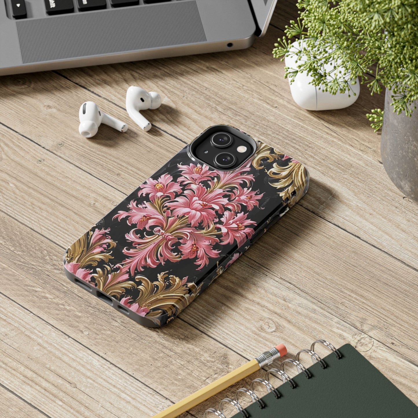 Elegant Floral Tough Phone Cases | Stylish Protection for Her | Gift for Birthdays - Black & Pink Oil Painting Style Rococo