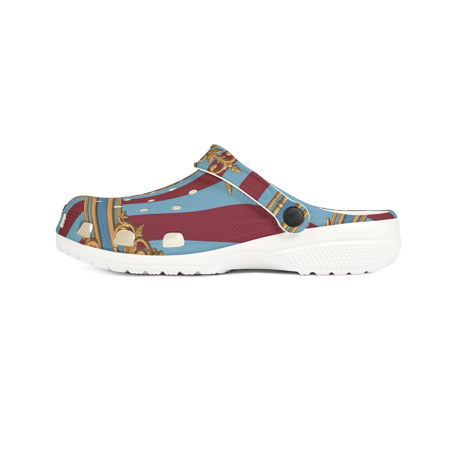 Chic Unisex EVA Foam Rubber Clogs – Stylish Comfort Footwear, Trendy Slip-Ons for Home, Casual Outings - Sky Blue & Maroon Striped Baroque
