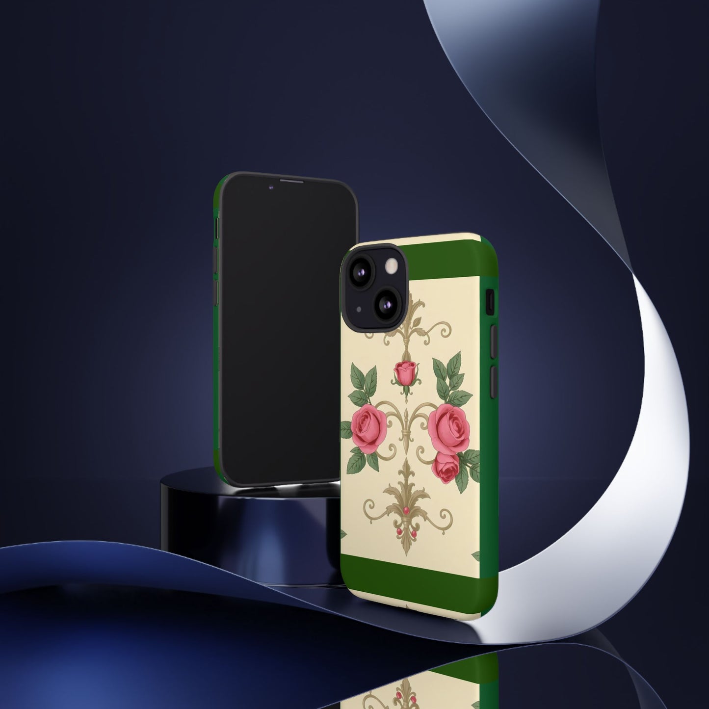 Elegant Floral Motif Phone Case - Tough Cases with Vintage Design - Green Border Roses & Damask