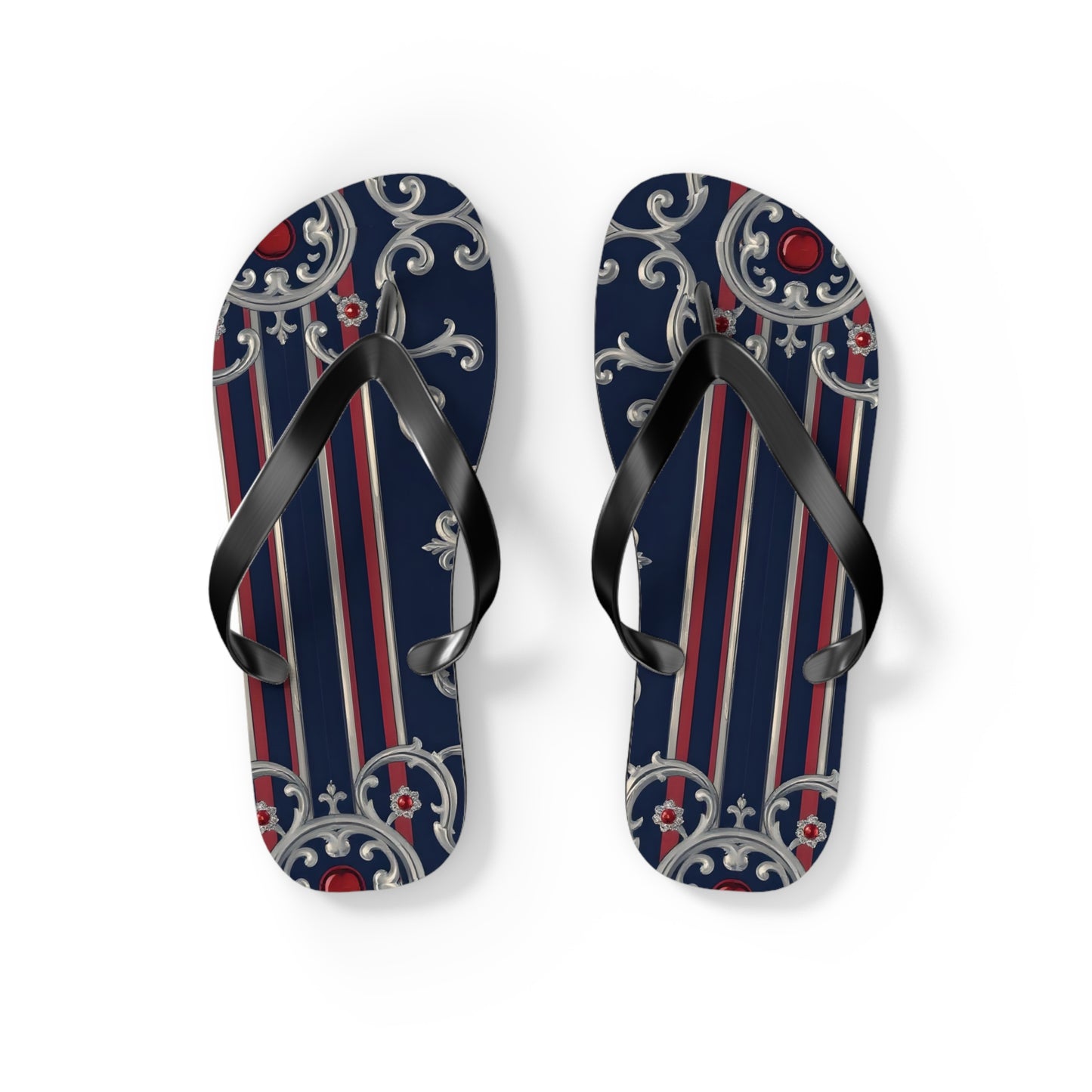 Elegant Nautical Flip Flops | Perfect for Beach Days, Summer Parties, Travel, Vacation, Poolside Relaxation - Blue & Red Striped Silver Baroque
