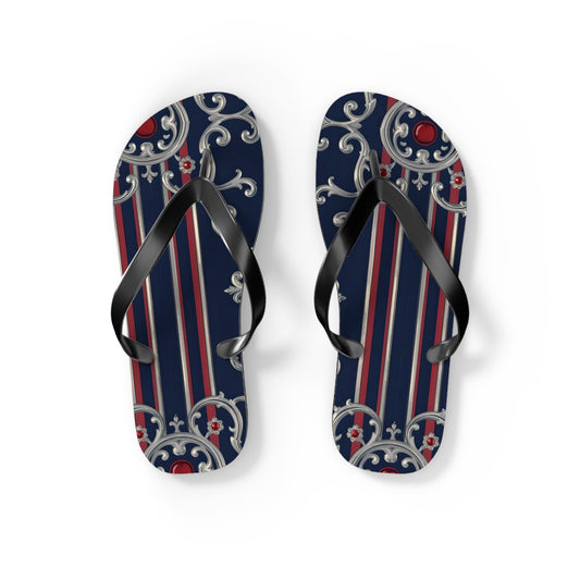 Elegant Nautical Flip Flops | Perfect for Beach Days, Summer Parties, Travel, Vacation, Poolside Relaxation - Blue & Red Striped Silver Baroque