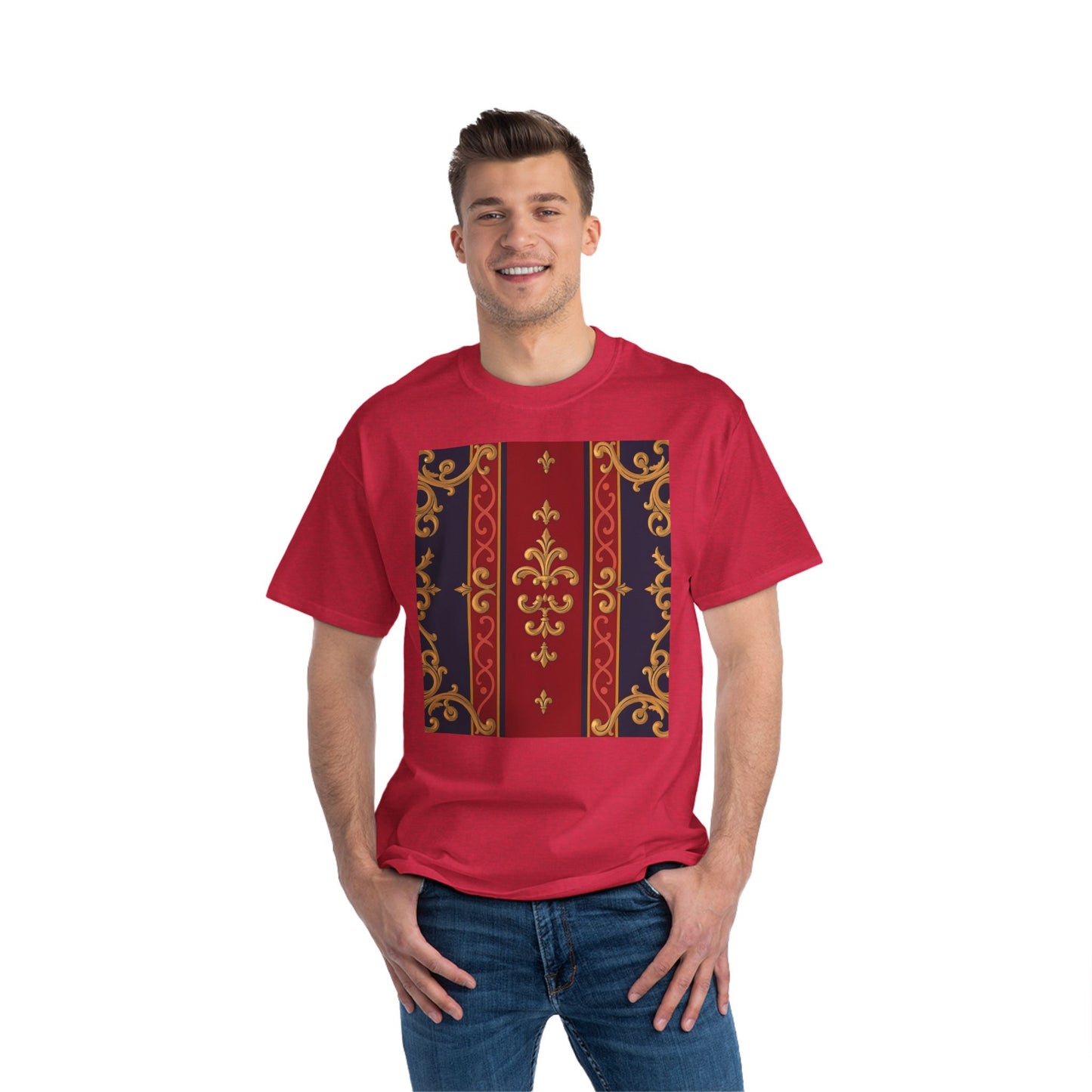 Elegant Baroque T-Shirt for Fashion Lovers, Casual Wear, Gift for Her, Unique Tee for Art Enthusiasts - Midnight Blue & Dusk Red Gold Baroque