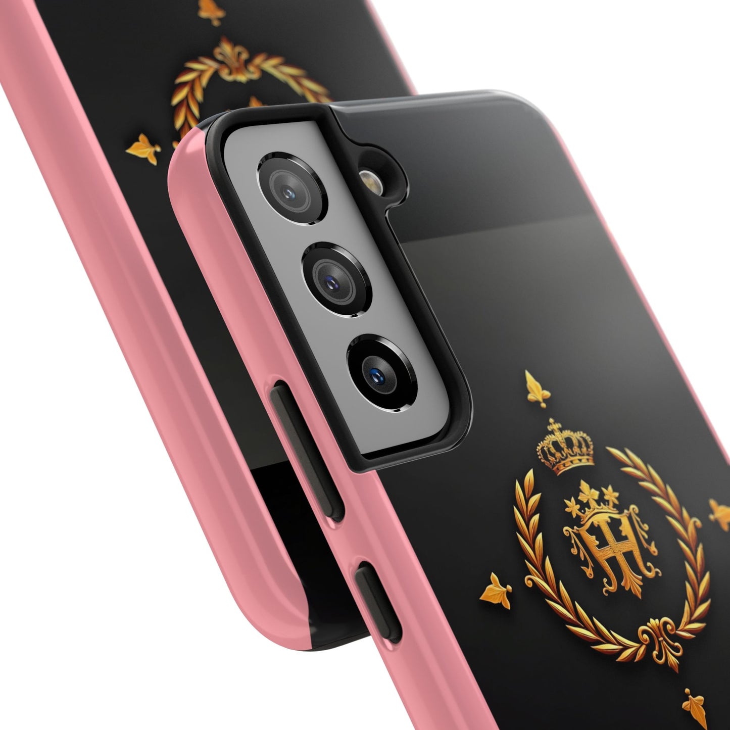 Tough Phone Case with Regal Design - Elegant Phone Protection, Gift for Him/Her, Royalty Inspired - Pink Striped Gold Crest