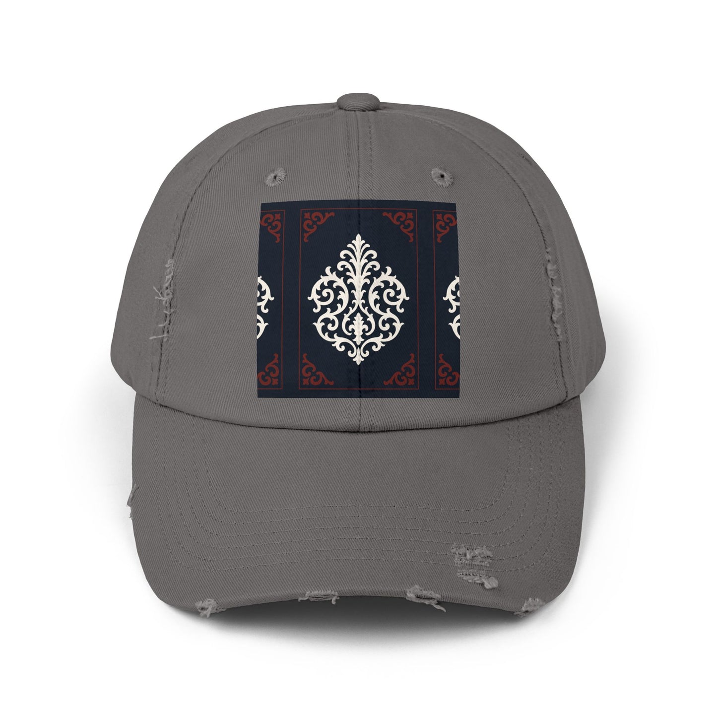 Dusk Blue & Maroon-White Baroque Distressed Cap with Ornamental Medallion Patch