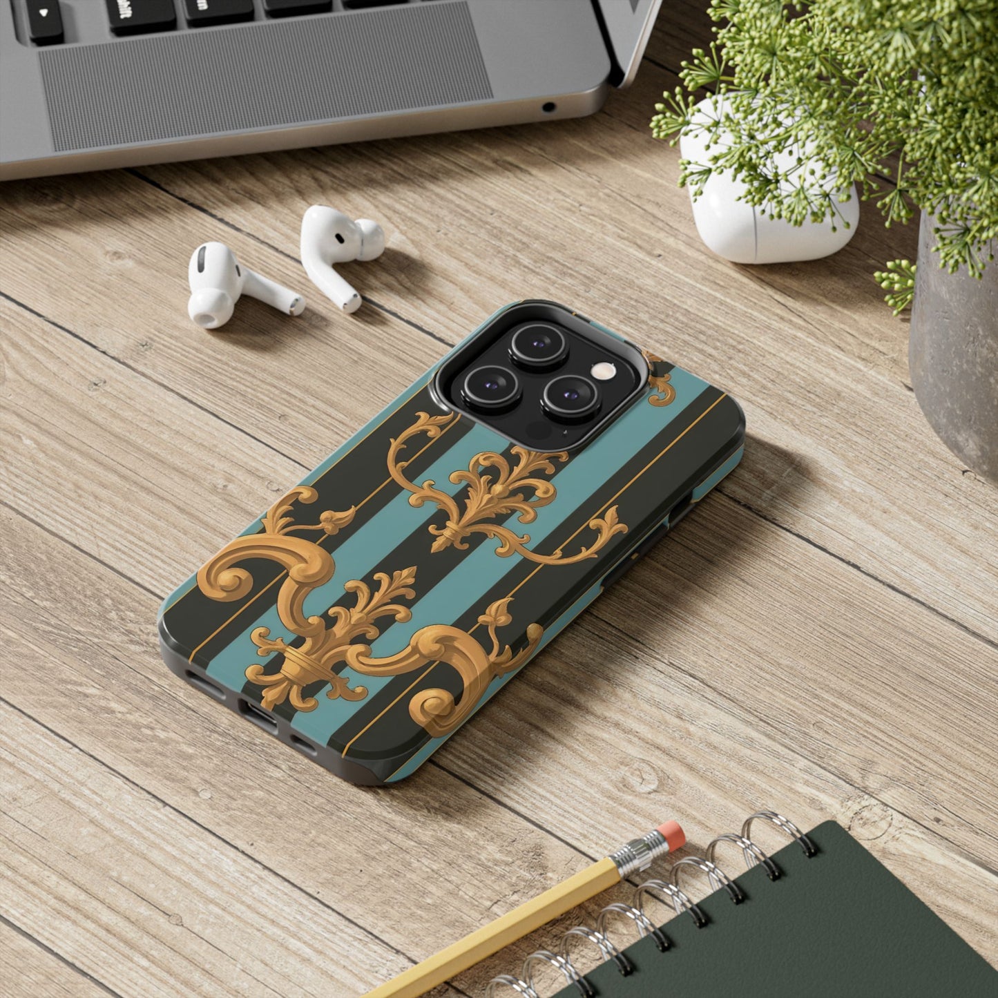 Elegant Baroque Tough Phone Case, Stylish Phone Cover, Durable iPhone Case, Unique Gift - Black & Turquoise Striped Baroque