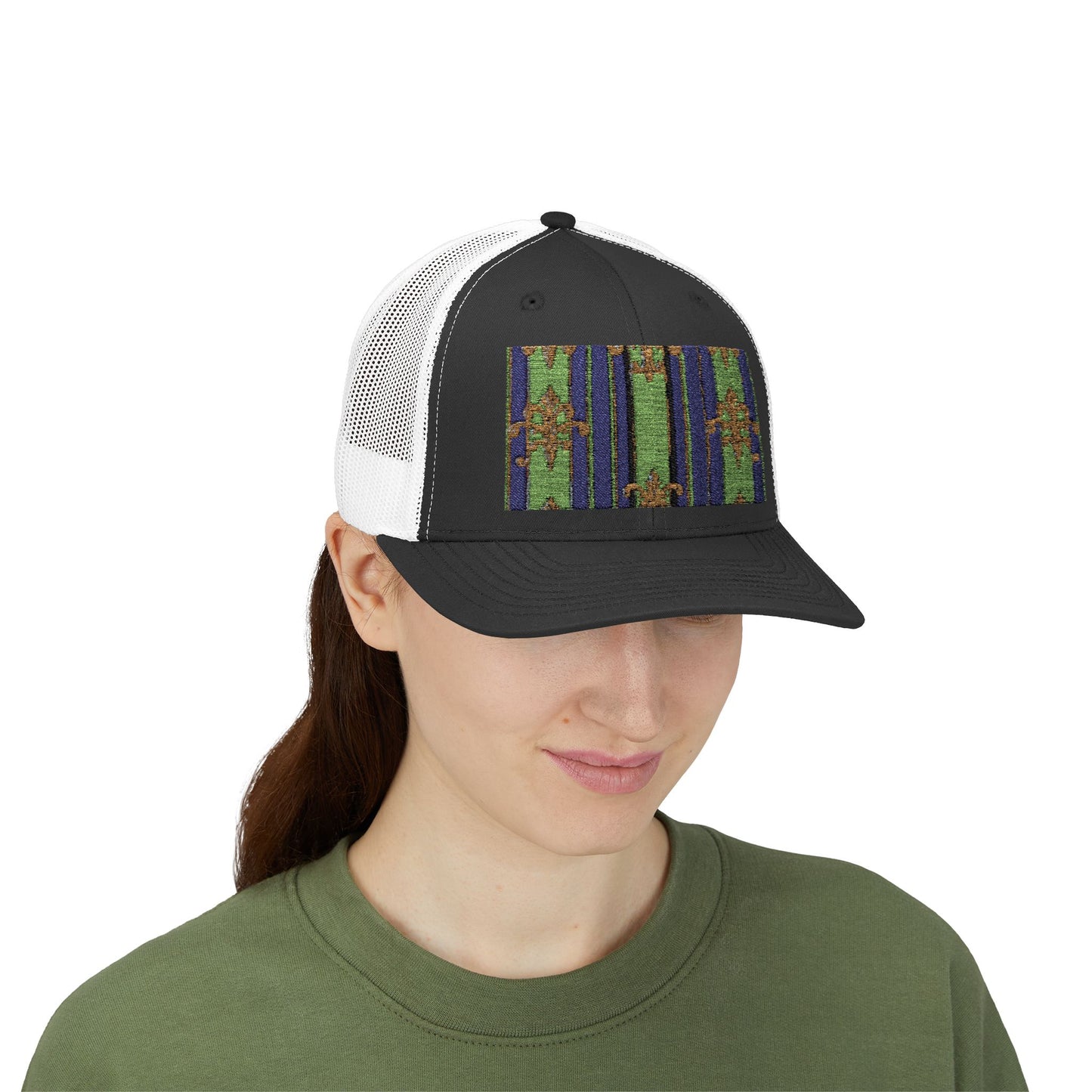Vibrant Snapback Trucker Cap with Colorful Pattern, Baroque Hat for Festivals, Unisex Cap, Summer Accessory - Green Striped Gold Baroque