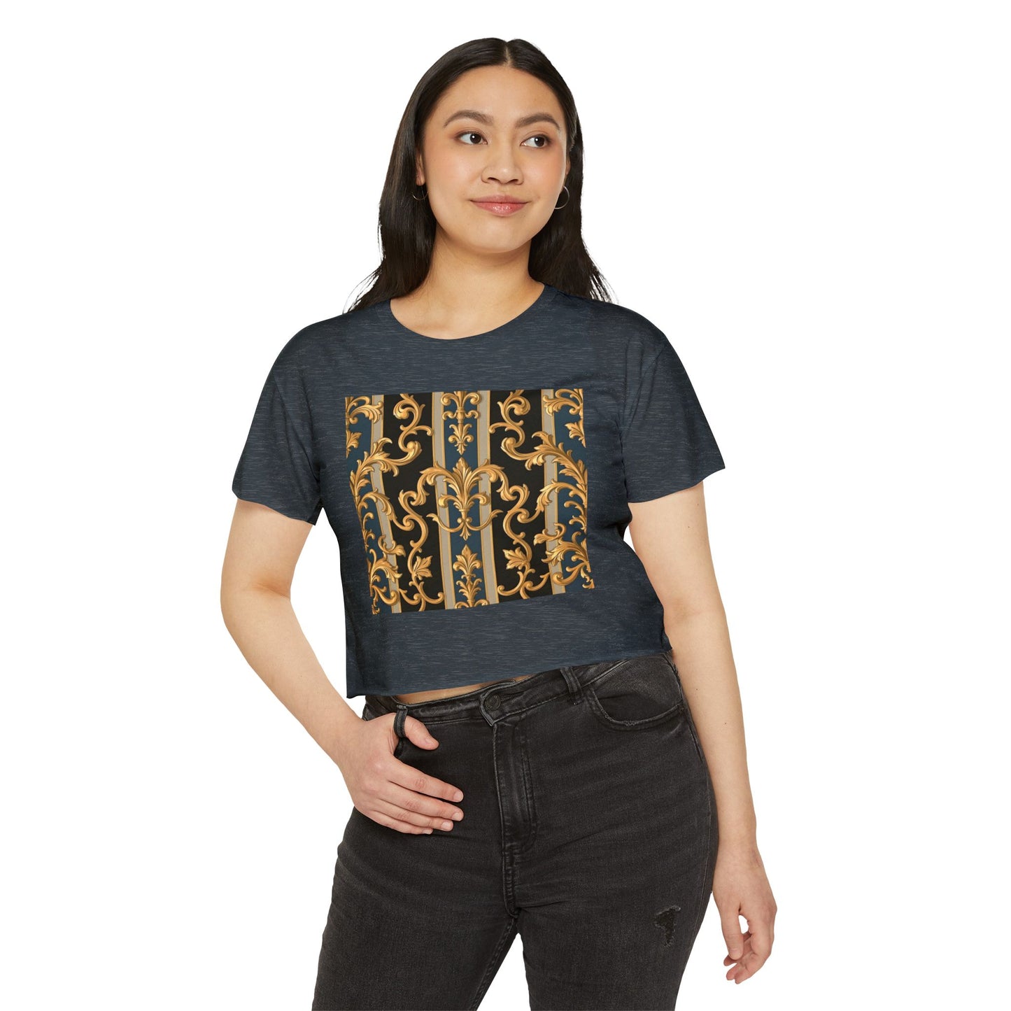 Women’s Festival Crop Top with Stylish Floral Pattern - Summer Outfit, Boho Chic, Concert Wear - Blue & Black Striped Rococo