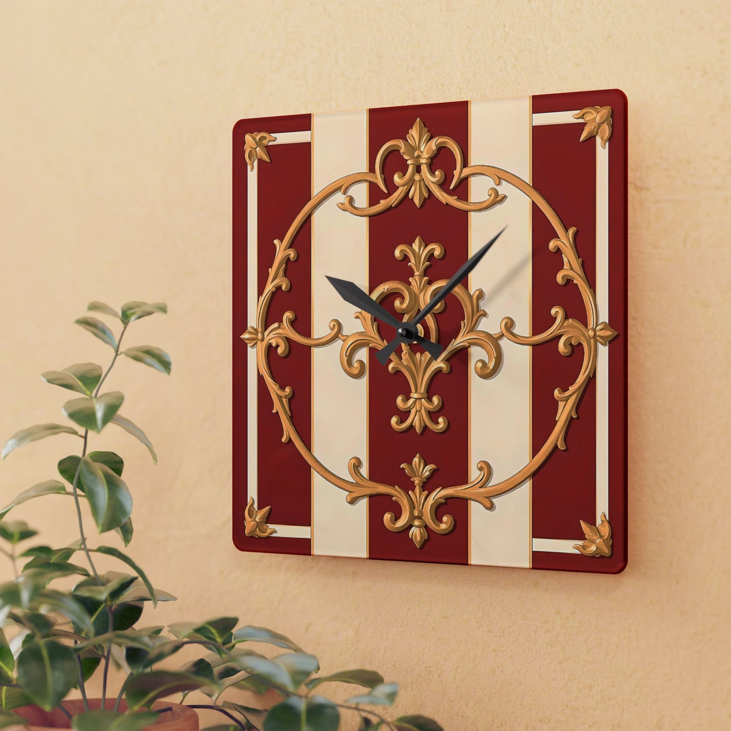 Vintage-Inspired Acrylic Wall Clock with Elegant Design - Alabaster & Dusk Orange Striped Baroque