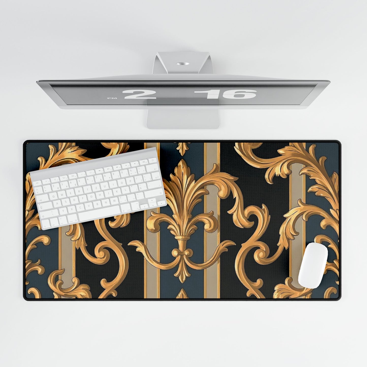 Elegant Office Desk Mats, Stylish Desk Protector, Gaming Mouse Pad, Home Office Decor - Blue & Black Striped Rococo