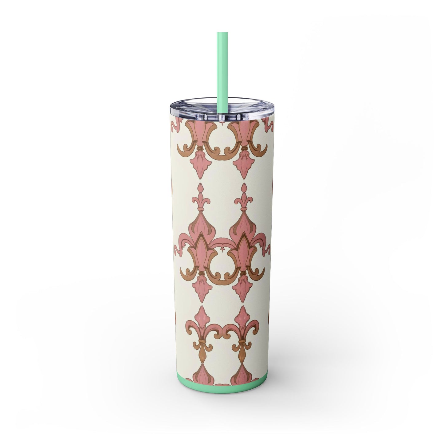 Elegant Floral Skinny Tumbler, 20oz Drinkware, Stylish Travel Mug, Wedding Gift, Personalized Gift, Eco-Friendly Cup - Brown Striped Pink Arabesque