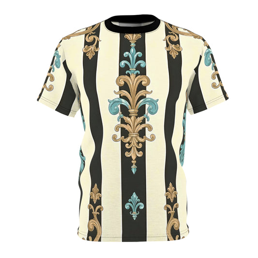 Stylish Unisex Patterned Tee, Fashion Tee for Men & Women, Casual Wear, Elegant Gift, Summer Top - Black Striped Turquoise & Black Rococo