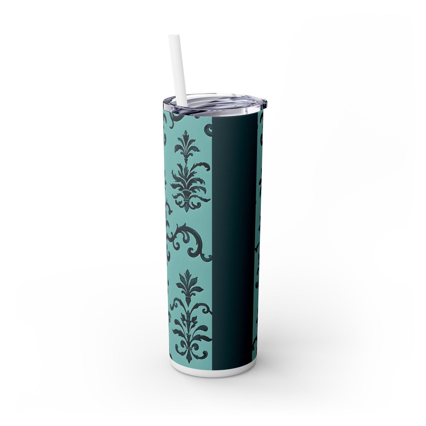 Elegant Floral Skinny Tumbler with Straw, 20oz, Personalized Drinkware, Stylish Travel Mug, Great Gift for Her - Teal Striped Rococo