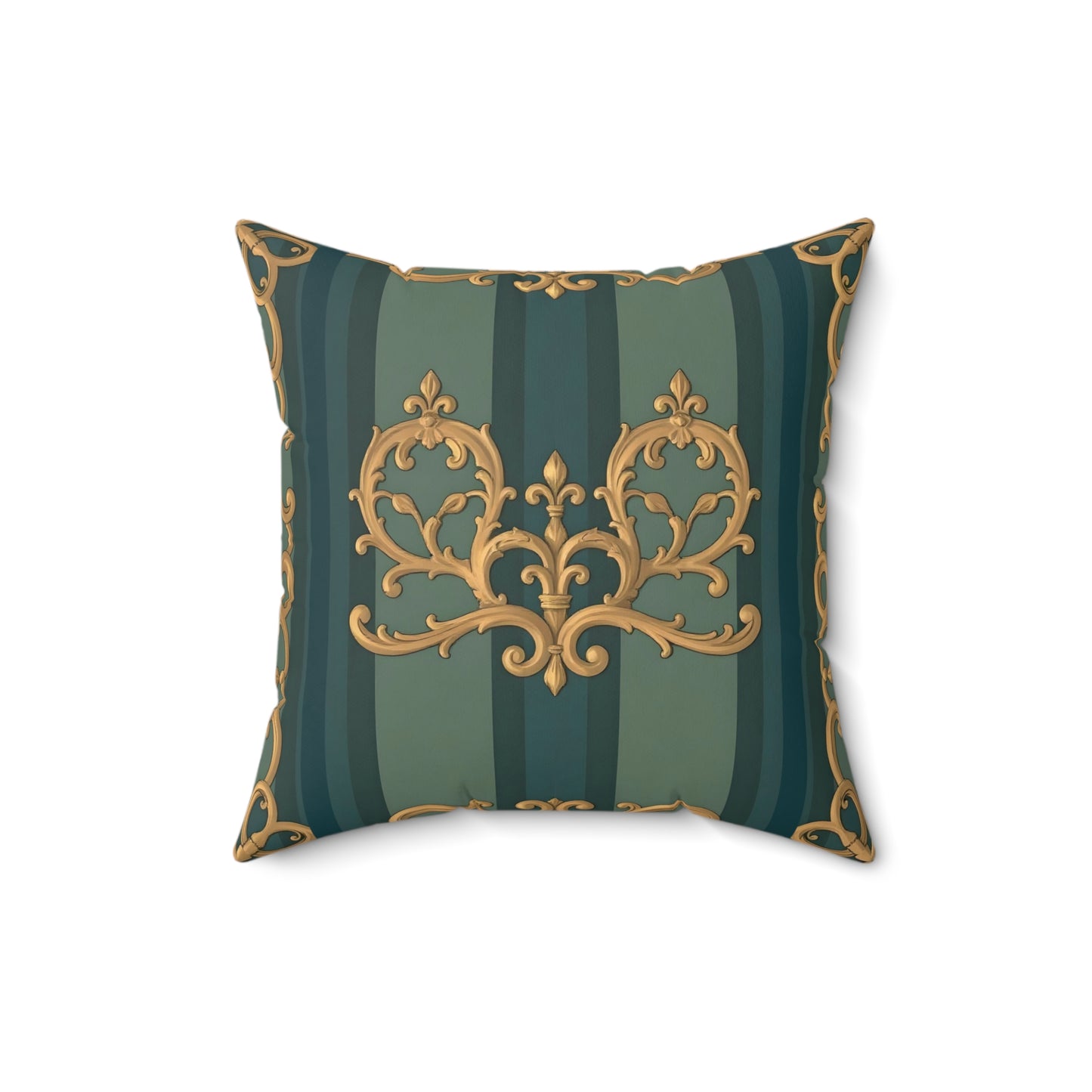 Luxurious Ornate Faux Suede Pillow | Decorative Square Cushion, Elegant Home Decor, Couch Accent - Smoky Blue & Teal Striped Baroque
