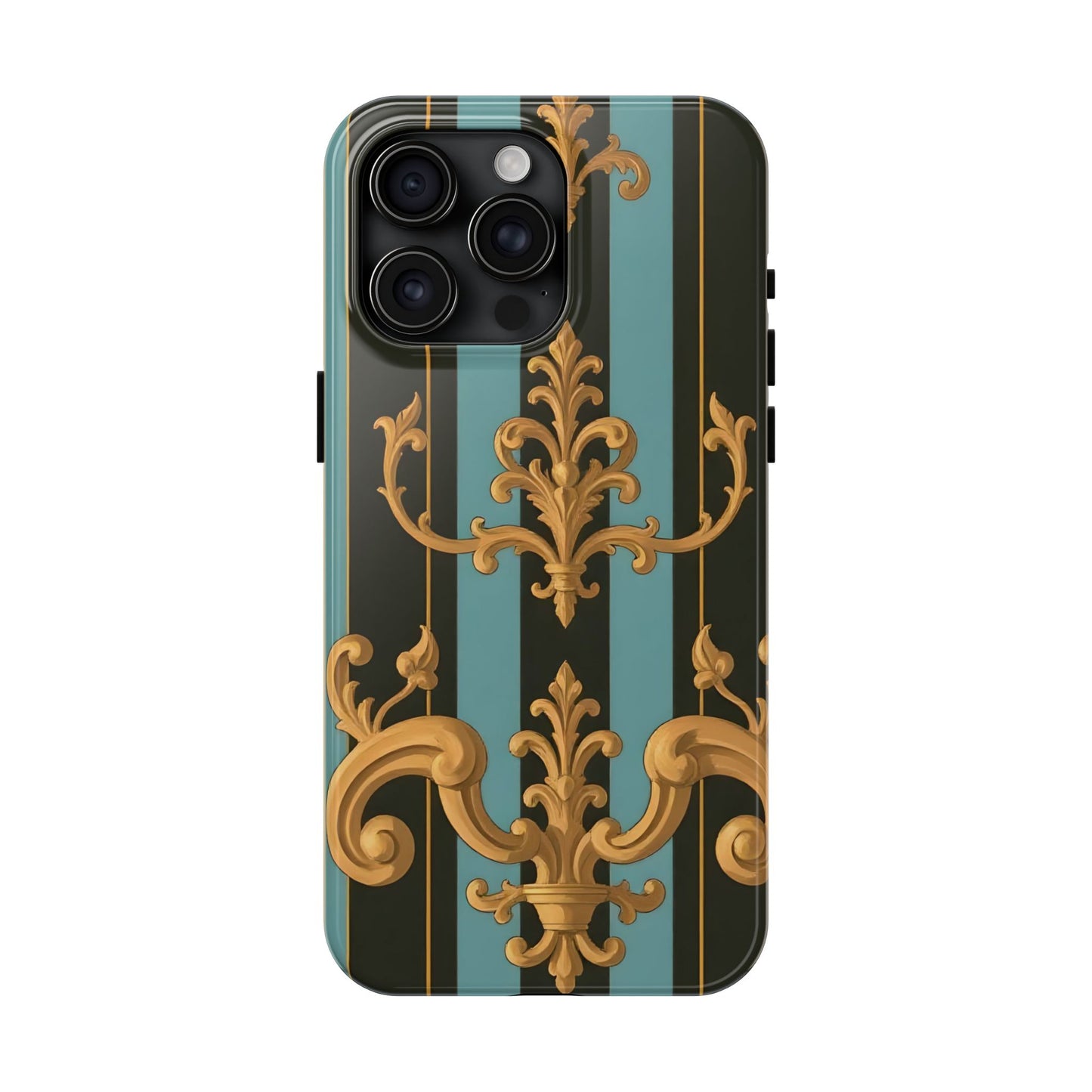 Elegant Baroque Tough Phone Case, Stylish Phone Cover, Durable iPhone Case, Unique Gift - Black & Turquoise Striped Baroque