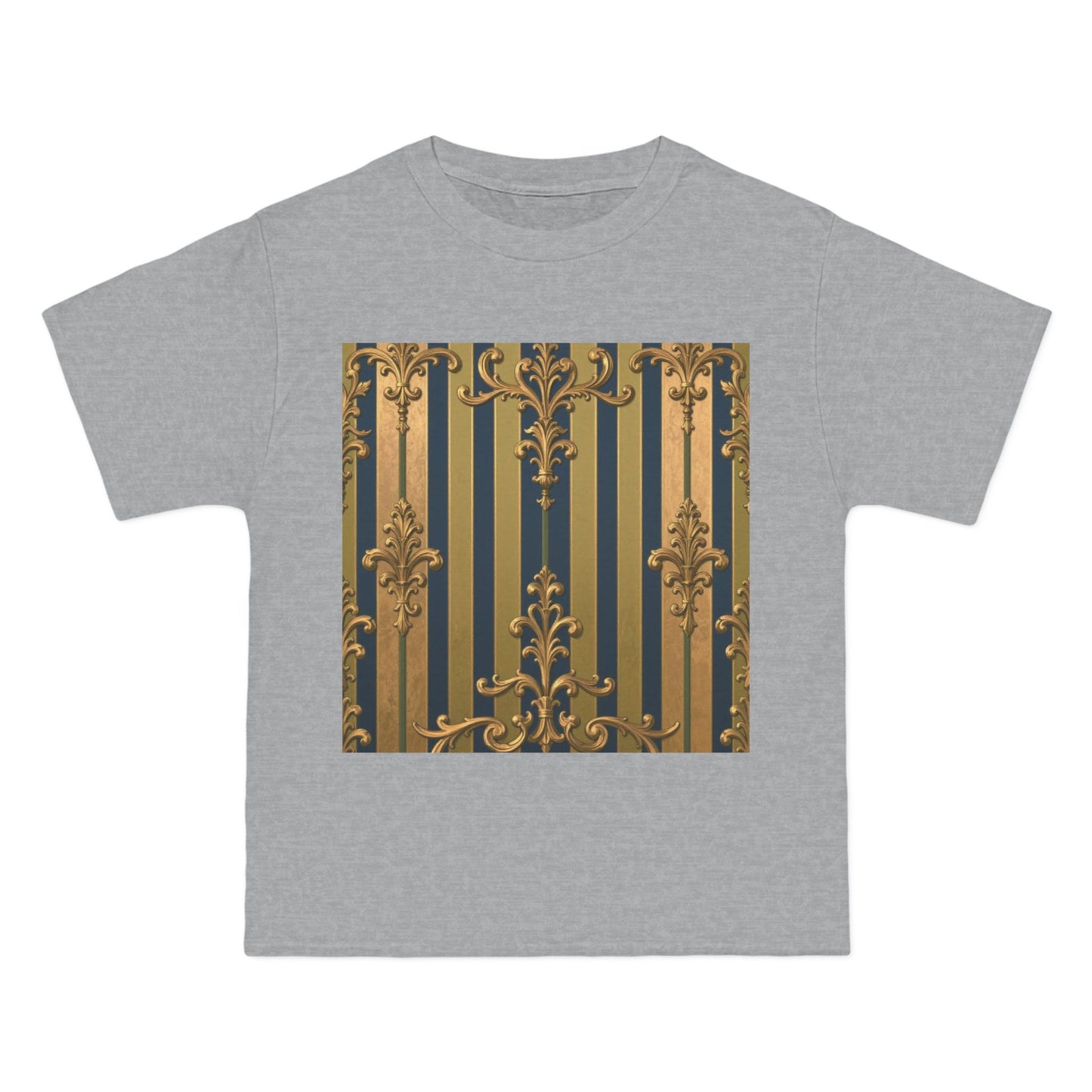 Elegant Midnight Blue & Olive Striped Gold Baroque Short-Sleeve Unisex T-Shirt, Vintage Fashion Tee, Casual Summer Top