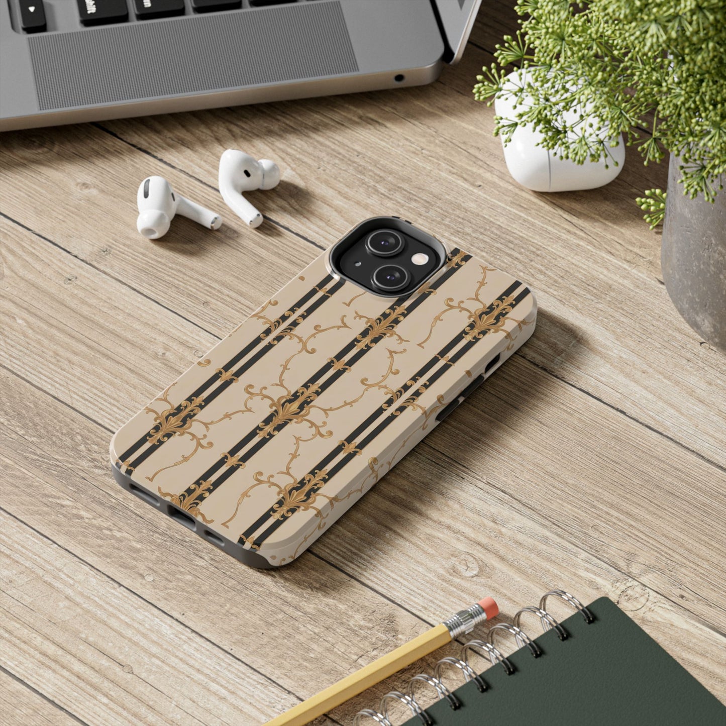 Elegantly Tough Phone Cases | Stylish Phone Covers, Durable Cases, Fashionable Accessories - Black & Beige Striped Damask