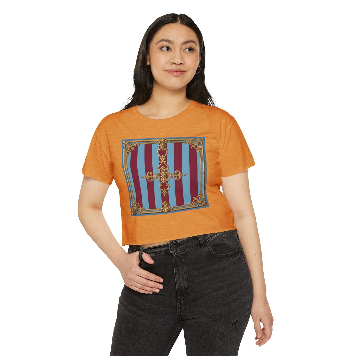 Women's Baroque Festival Crop Top, Summer Crop Tee, Casual Festival Wear, Concert Top, Eco-Friendly Fashion - Sky Blue & Maroon Striped Baroque