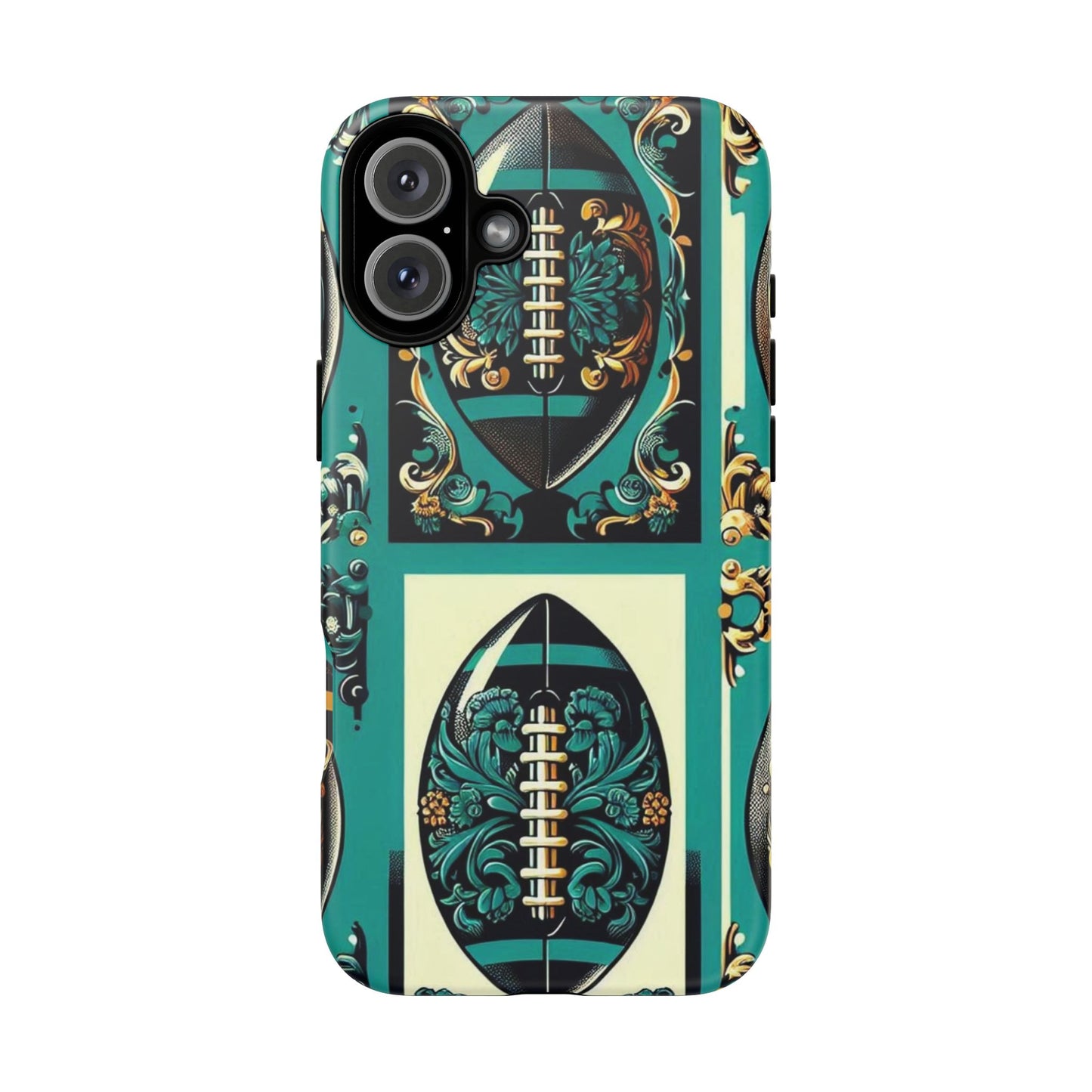 Elegant Floral Motif Phone Case - Tough Cases with Vintage Design -  Damask Teal, Gold & Black Footballs