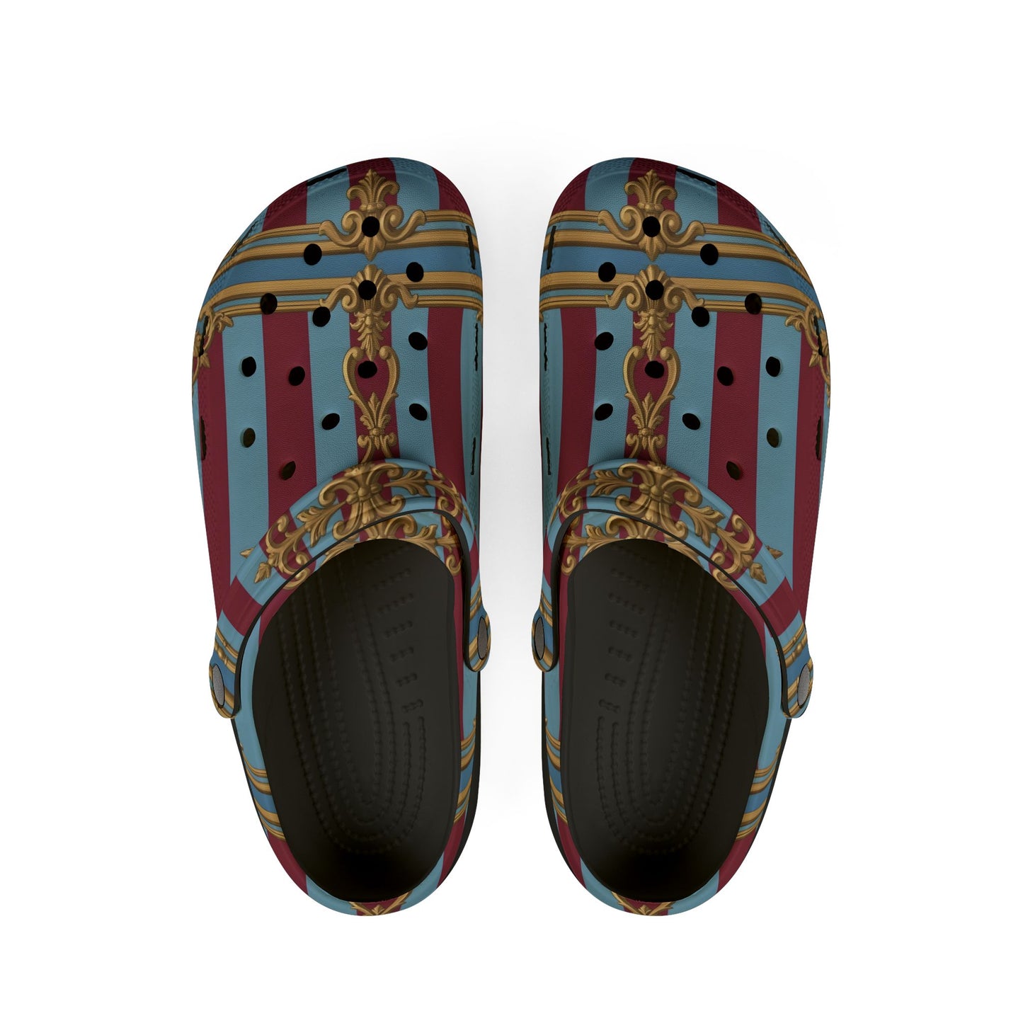 Chic Unisex EVA Foam Rubber Clogs – Stylish Comfort Footwear, Trendy Slip-Ons for Home, Casual Outings - Sky Blue & Maroon Striped Baroque