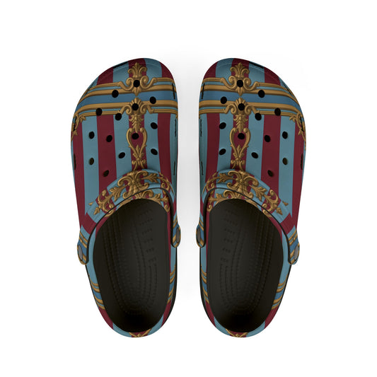 Chic Unisex EVA Foam Rubber Clogs – Stylish Comfort Footwear, Trendy Slip-Ons for Home, Casual Outings - Sky Blue & Maroon Striped Baroque