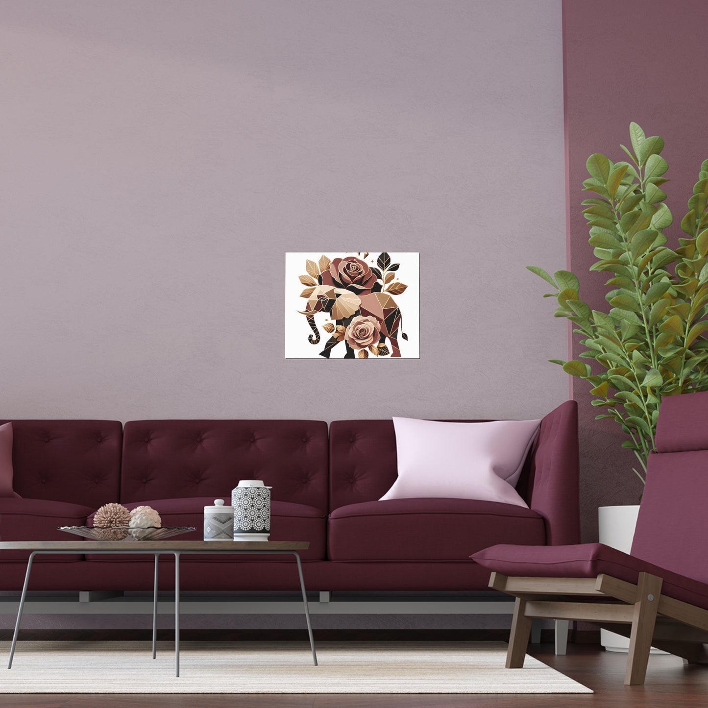 Elegant Floral Silk Poster - Indoor/Outdoor Wall Art for Home Decor - Brown & Gold Elephant & Roses