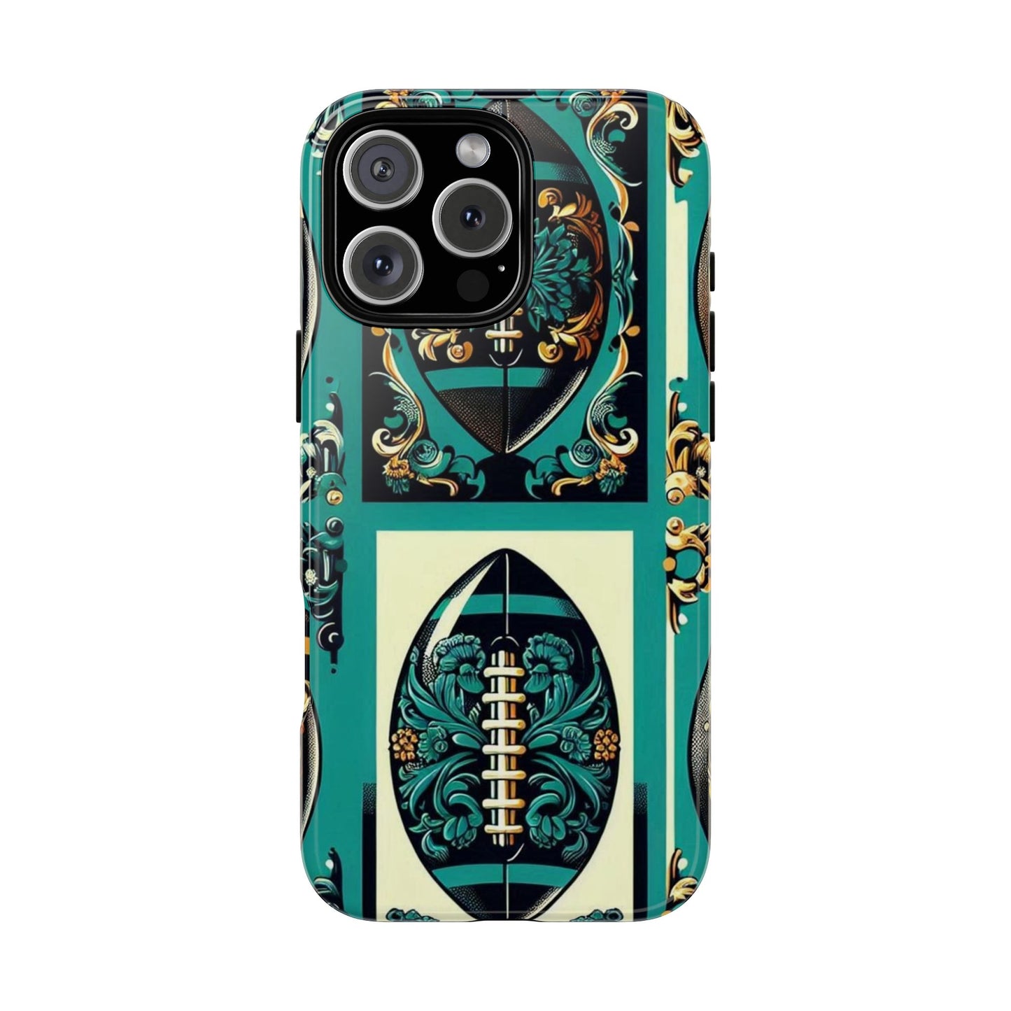 Elegant Floral Motif Phone Case - Tough Cases with Vintage Design -  Damask Teal, Gold & Black Footballs