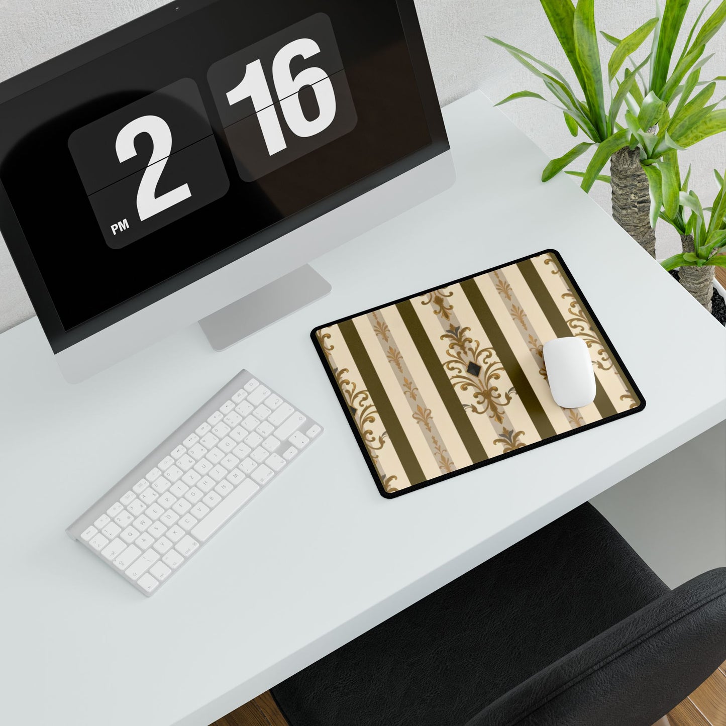 Elegant Floral Motif Desk Mat for Home Office Decor - Olive Striped Gold Damask