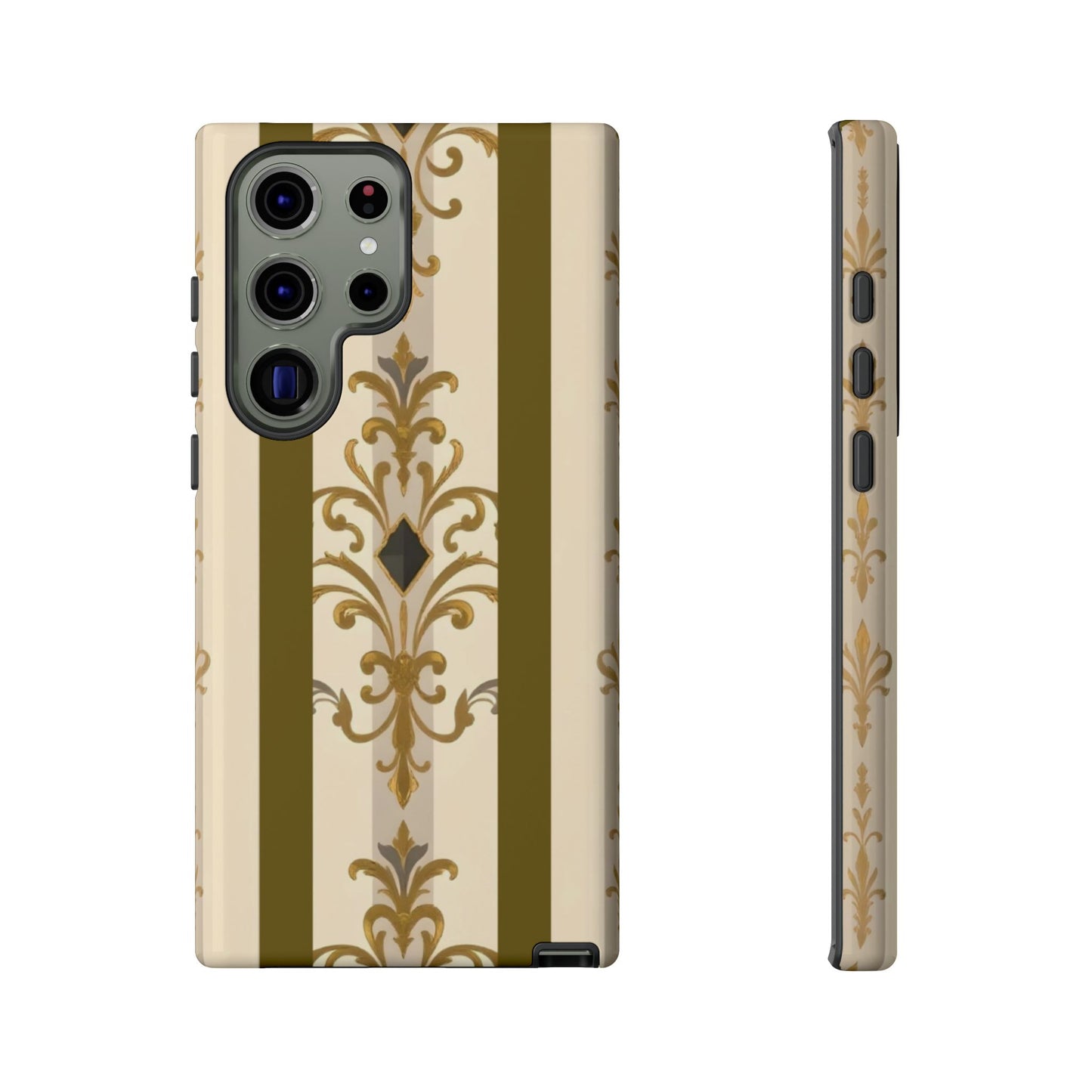 Elegant Floral Motif Phone Case - Tough Cases with Vintage Design - Olive Striped Gold Damask