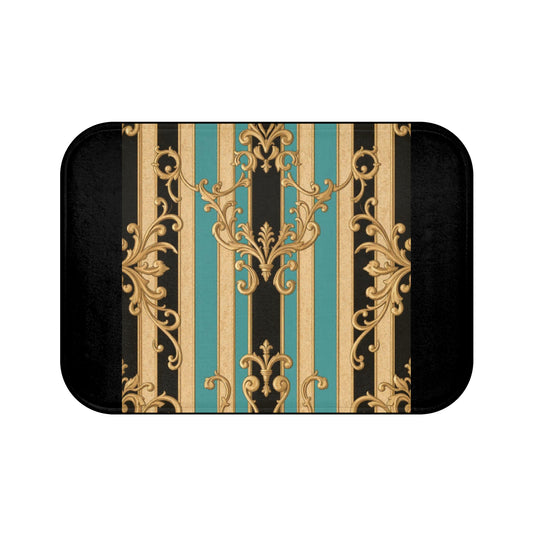 Elegant Black, Tan & Ocean Green Striped Gold Baroque Vintage-Inspired Bath Mat with Decorative Stripes and Scroll Design