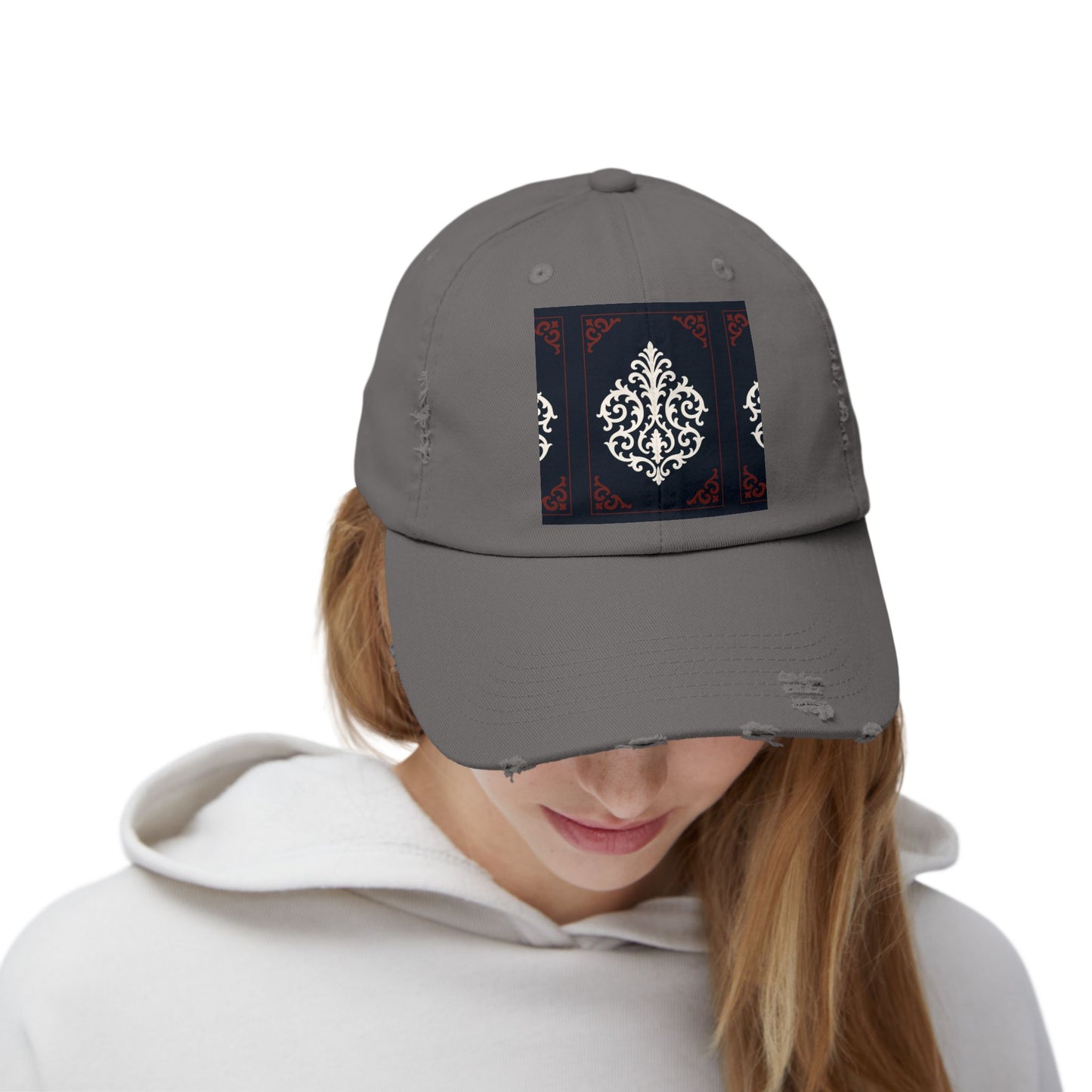 Dusk Blue & Maroon-White Baroque Distressed Cap with Ornamental Medallion Patch