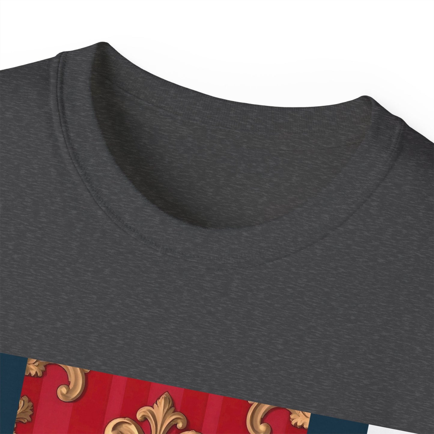 Regal Red Baroque T-Shirt, Artistic Tee, Gift for Art Lovers, Fashionable Statement Shirt, Unique Graphic Top - Blue, Red & White Striped Baroque