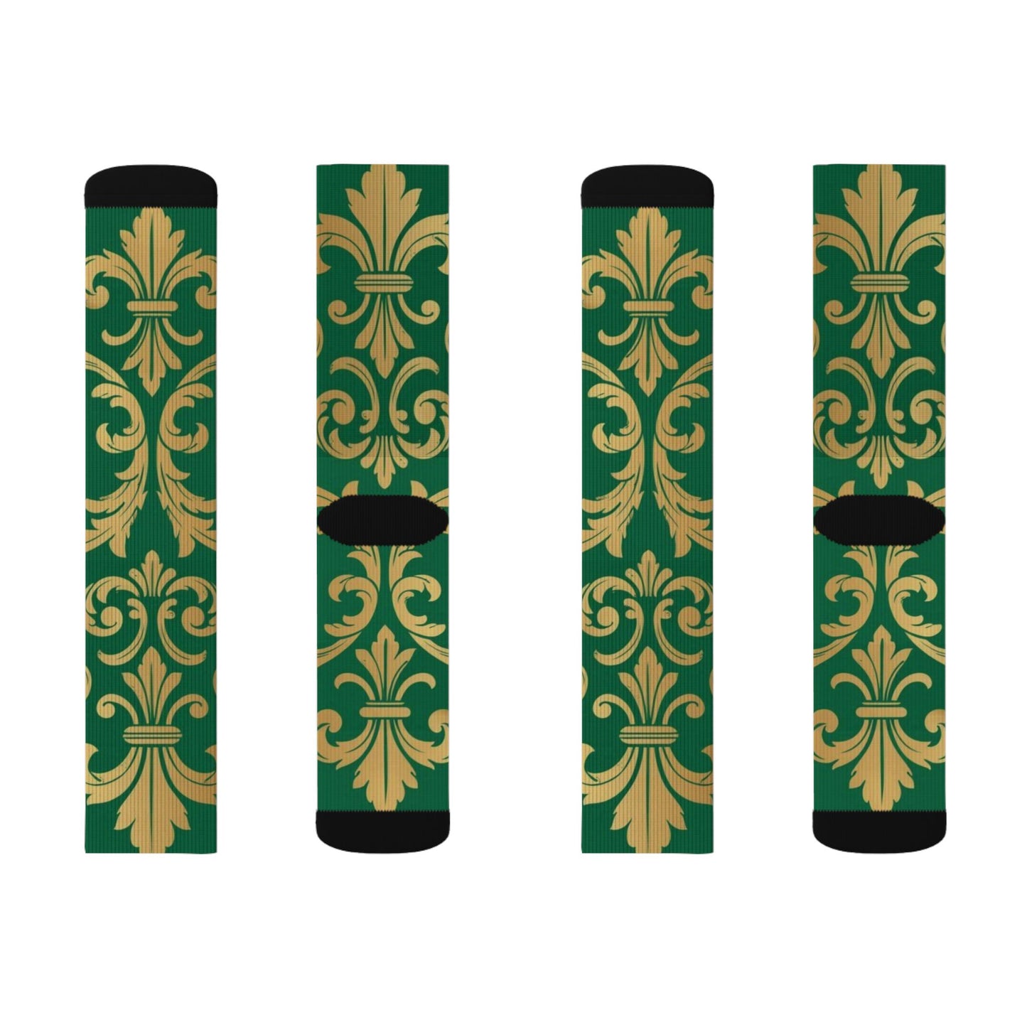Green Baroque Pattern Sublimation Socks — Gold Baroque Crew Socks