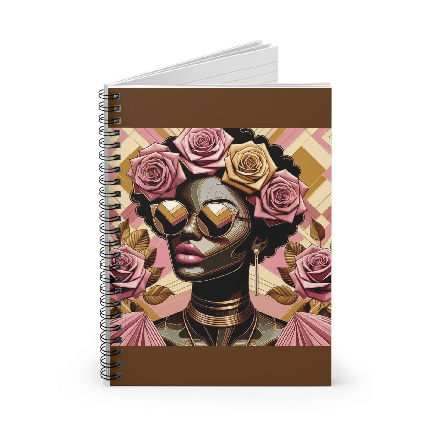 Artistic Spiral Notebook - Floral Afro Woman Design | Perfect for Journaling, Note-Taking, Gifts, Art Lovers, Unique Stationery - Pink Roses Lady