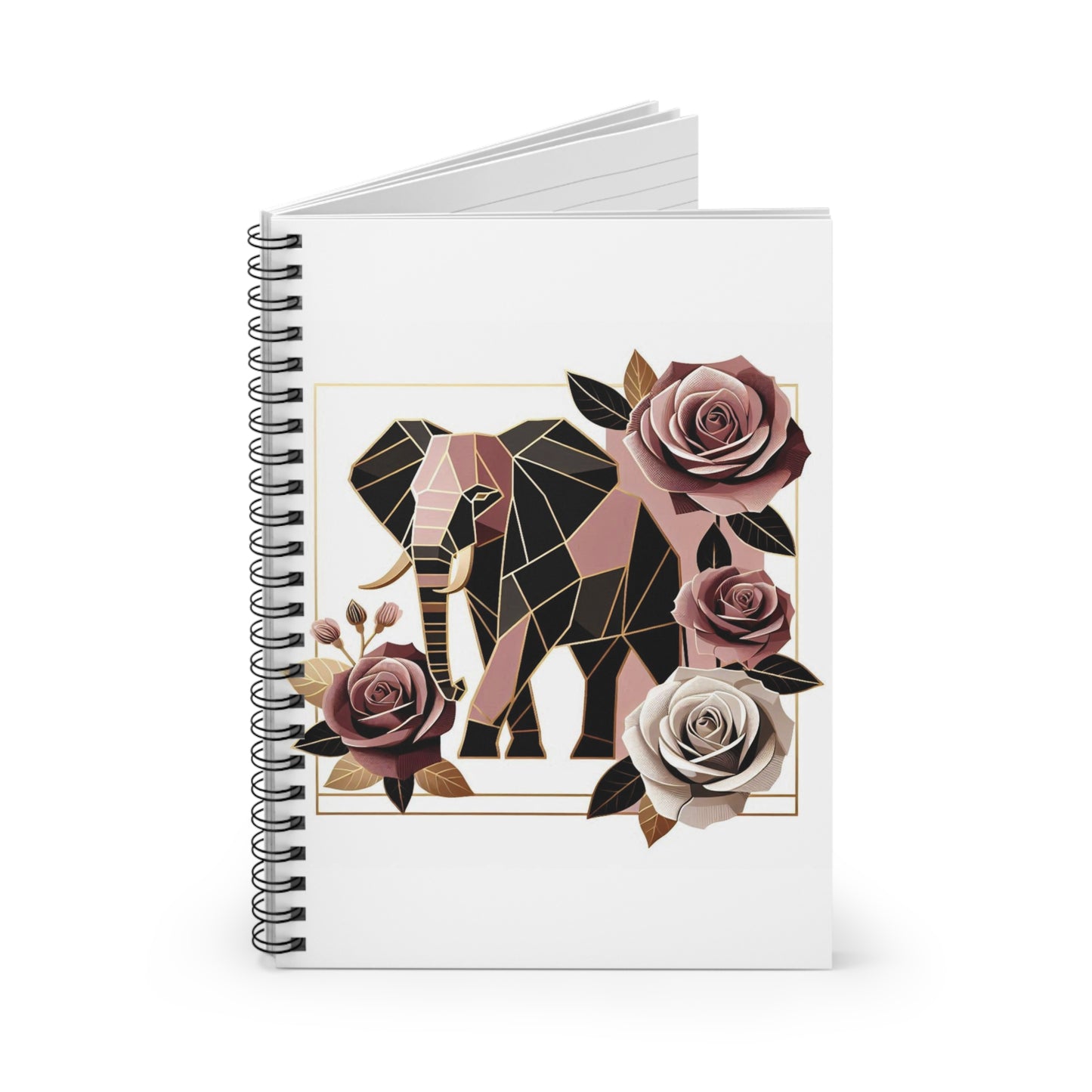 Stylish Elephant Spiral Notebook - Ruled Line with Floral Design - Brown & Mauve Elephant & Roses Design