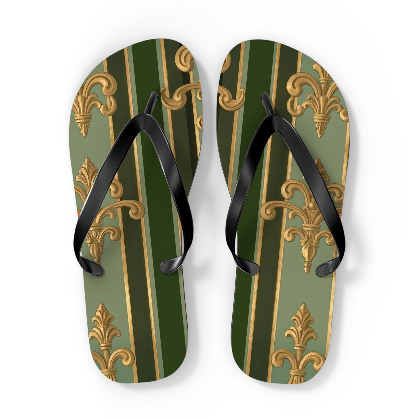 Elegant Vintage Flip Flops for Summer, Casual Sandals, Beachwear, Vacation Footwear, Summer Parties - Green Striped Gold Baroque
