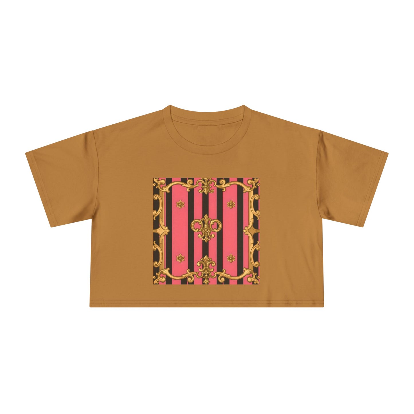Chic Vintage-Inspired Women's Crop Tee, Stylish Summer Top, Trendy Fashion Tee, Baroque Casual Wear - Pink & Black Striped Gold Baroque