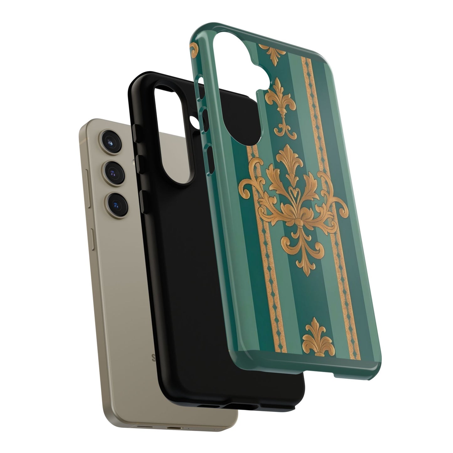 Elegant Floral Motif Phone Case - Tough Cases with Vintage Design - Teal Striped Gold Damask