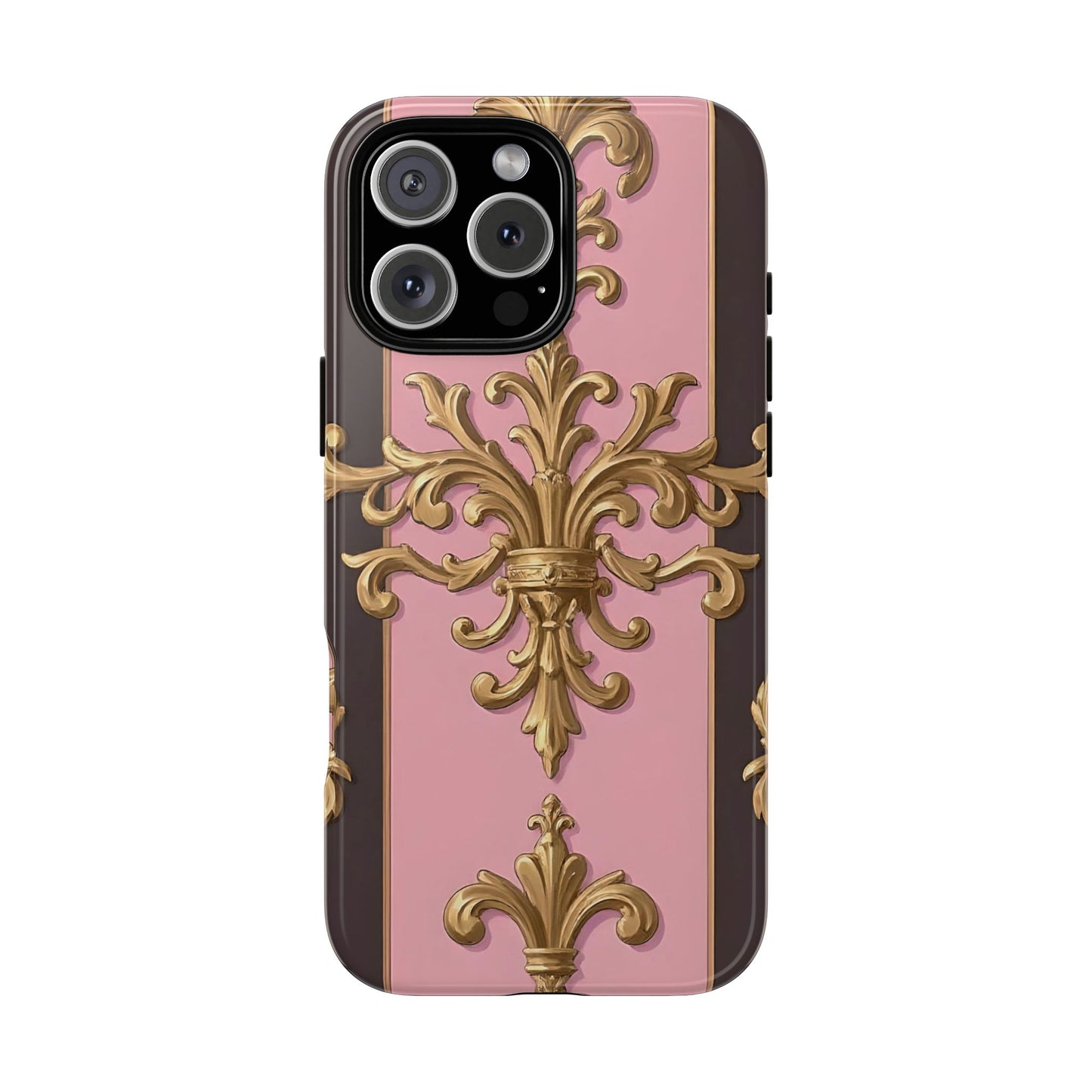 Elegant Floral Motif Phone Case - Tough Cases with Vintage Design - Pink & Brown Striped Gold Damask