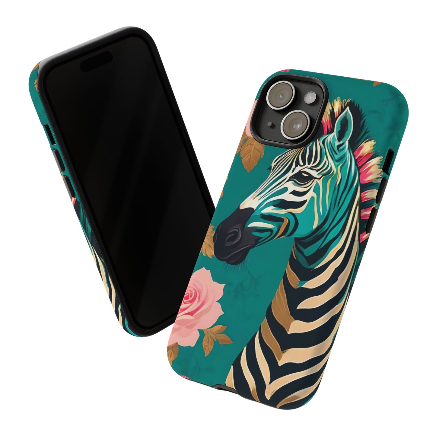 Phone Case - Elegant Teal & Gold Zebra & Roses Design