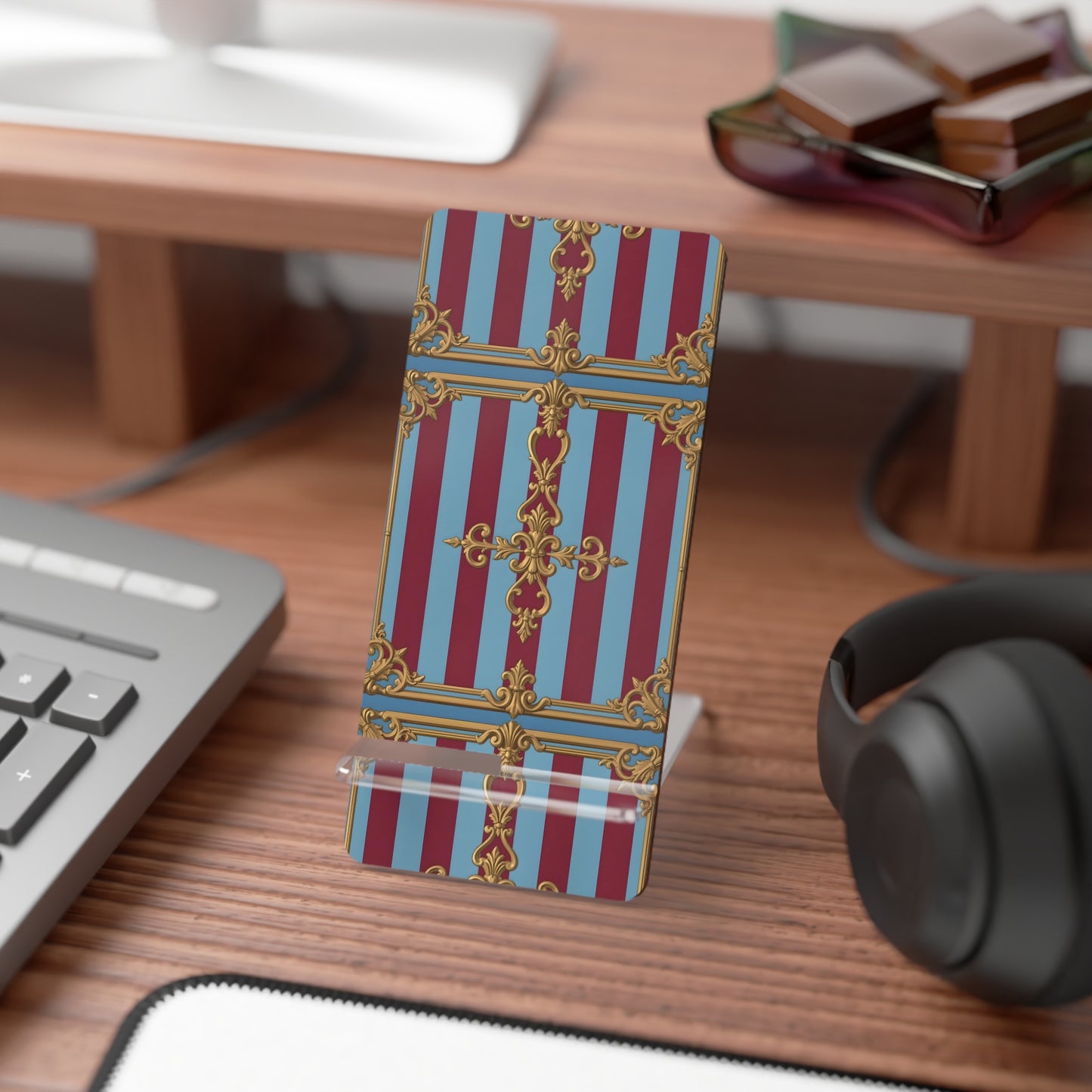 Elegant Smartphone Display Stand, Stylish Phone Holder, Desk Organizer, Gift for Home Office - Sky Blue & Maroon Striped Baroque