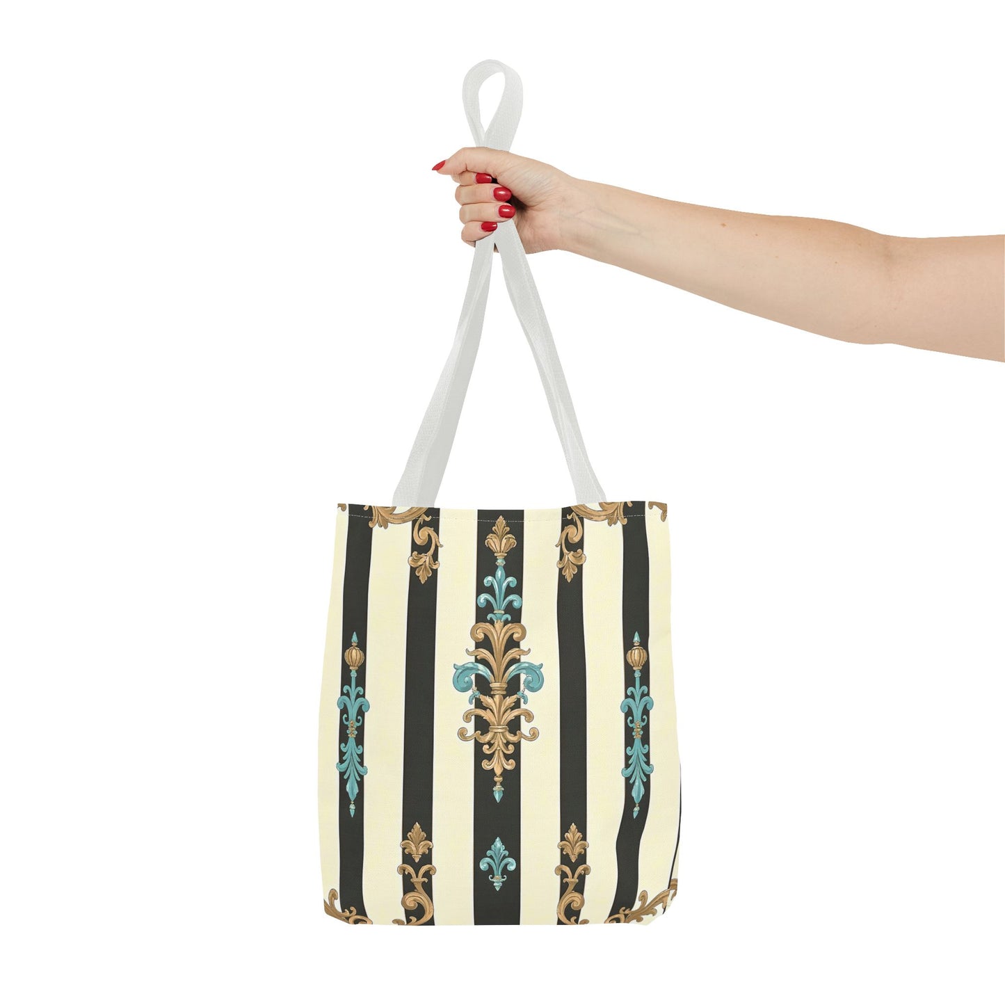 Elegant Stripe Pattern Tote Bag | Fashionable Reusable Shopping Tote, Eco-Friendly Gift Bag - Black Striped Turquoise & Black Rococo