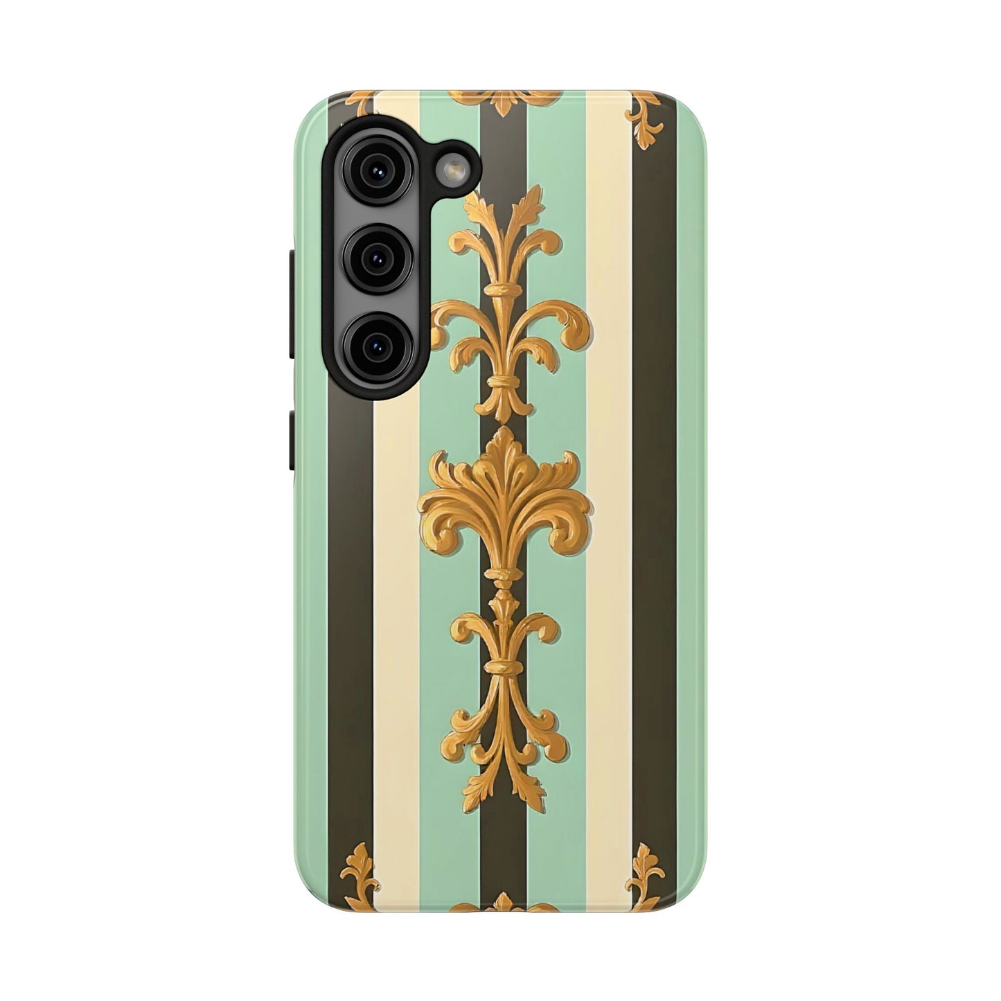 Elegant Floral Tough Phone Cases - Stylish Protection for All Occasions, Gifts for Her, Phone Covers - Black & Matte Mint Striped Rococo