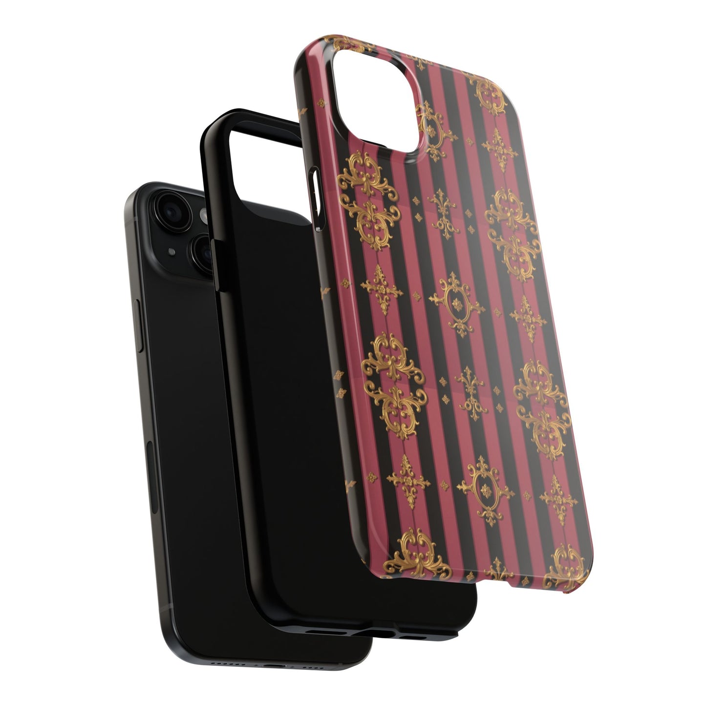 Elegant Black & Mauve Striped Gold Baroque Phone Case, Tough Phone Cases, Stylish Protective Cover, Unique Gift, Luxe Phone Accessories