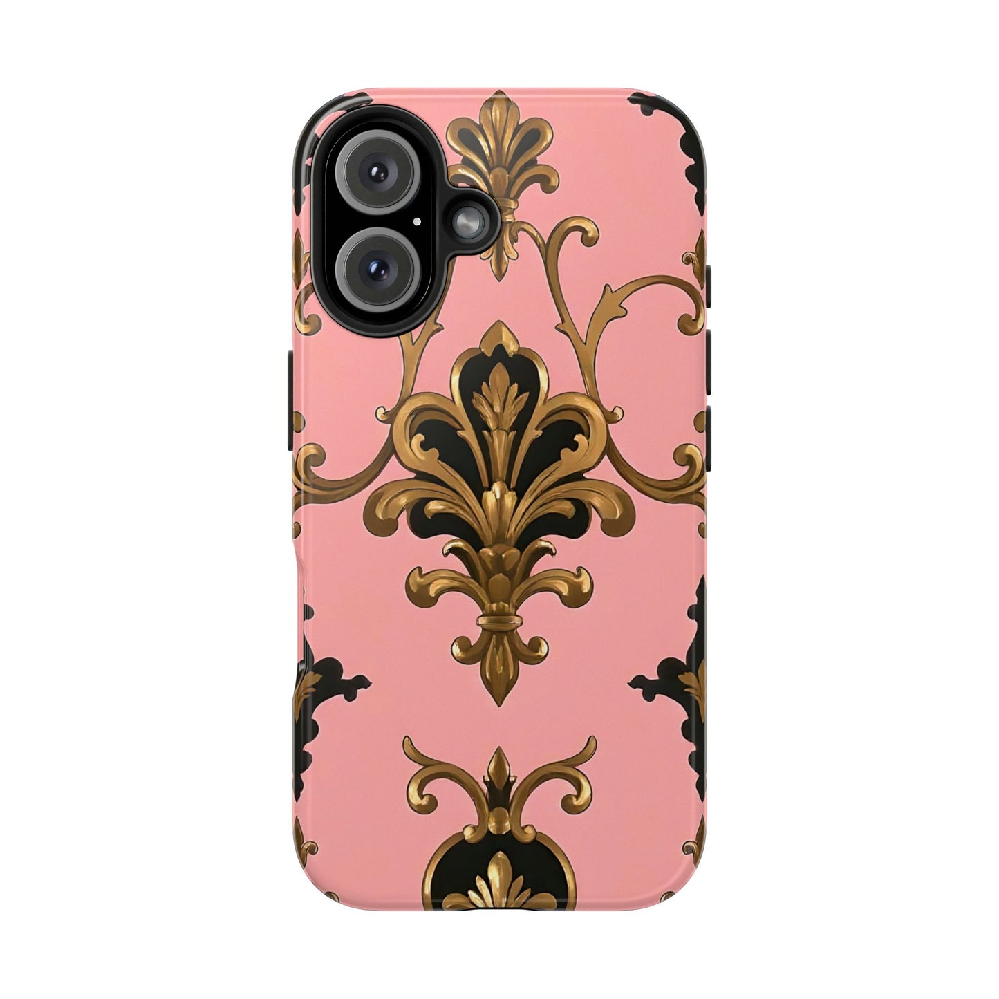 Chic Tough Phone Cases with Floral Design, Elegant Phone Cover, Durable Smartphone Case, Stylish Tech Accessory - Pink, Black & Gold Rococo