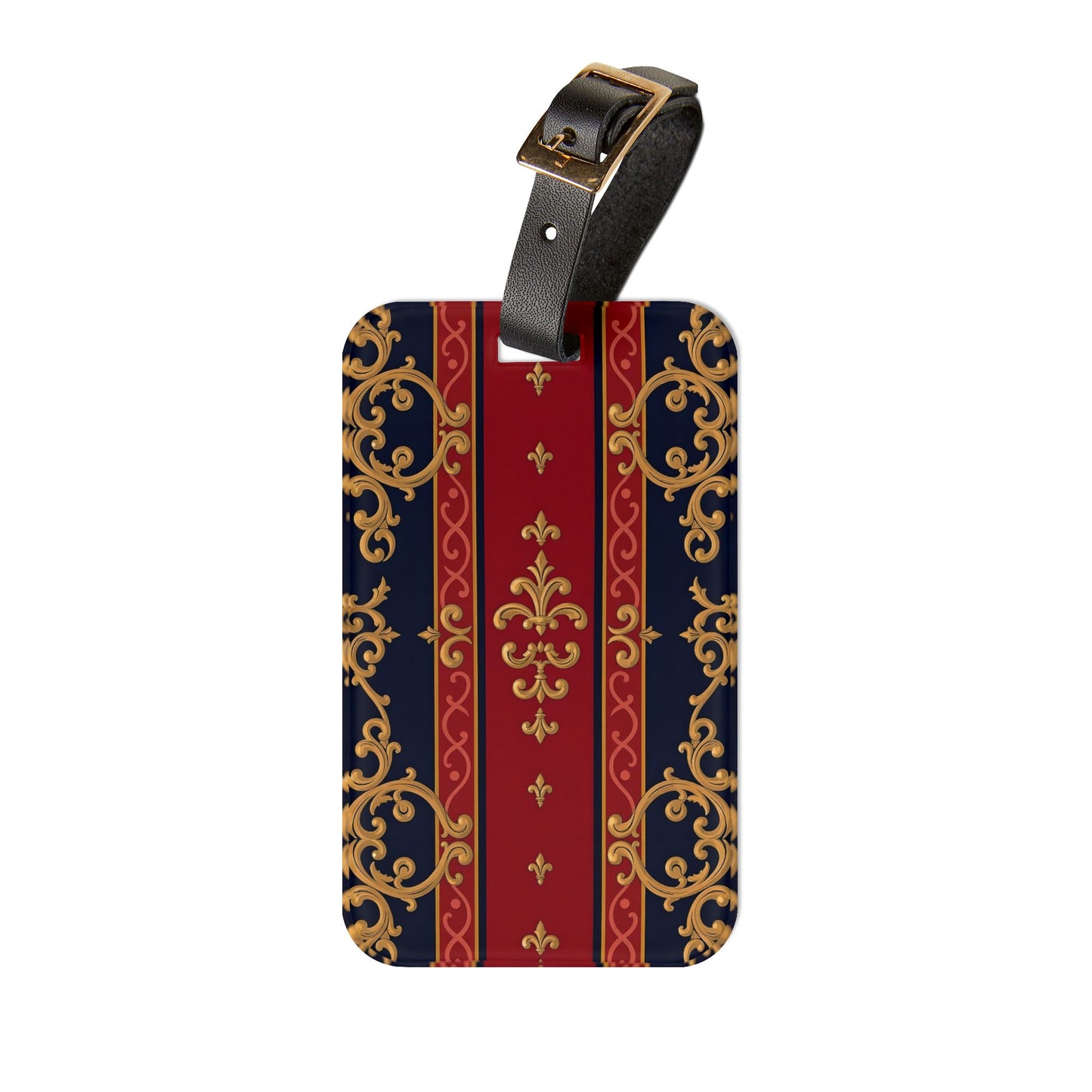 Elegant Travel Luggage Tag | Floral Design, Personalized Gift, Bag Identifier, Travel Accessory, Vacay Essentials - Midnight Blue & Dusk Red Gold Baroque