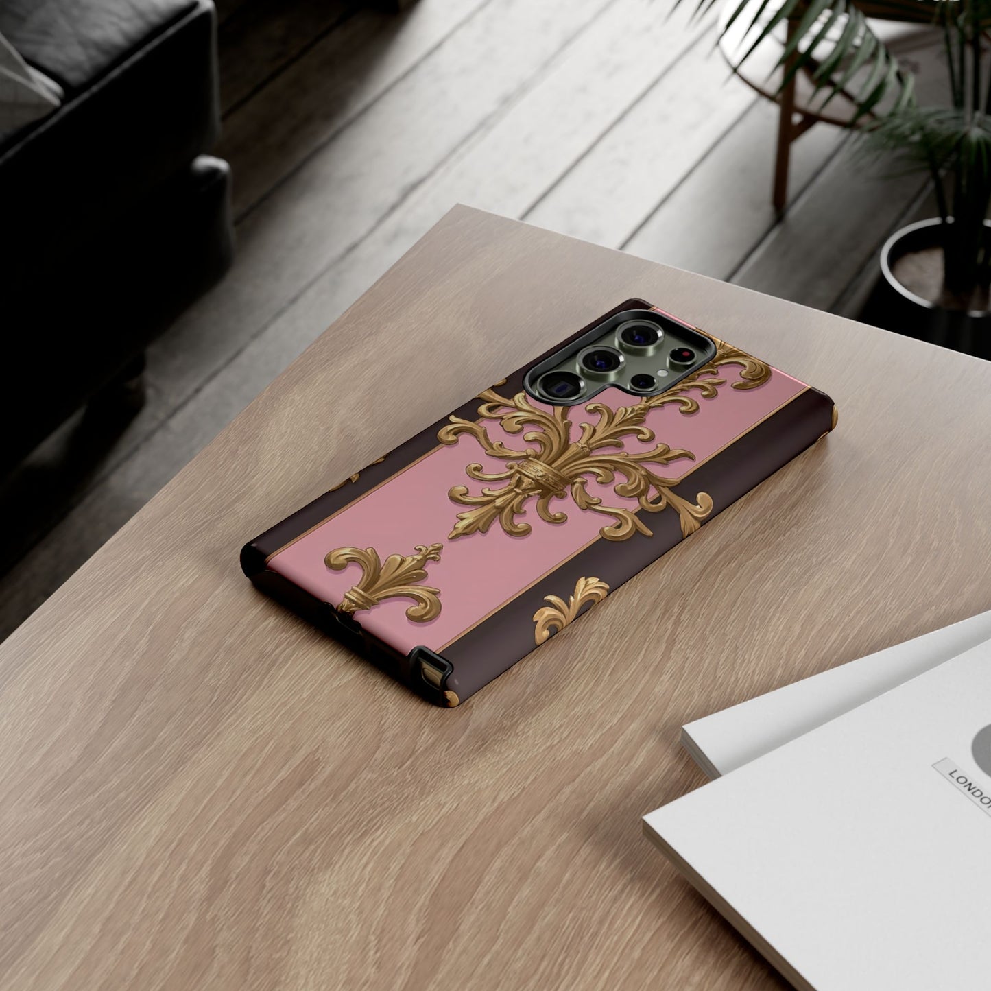 Elegant Floral Motif Phone Case - Tough Cases with Vintage Design - Pink & Brown Striped Gold Damask