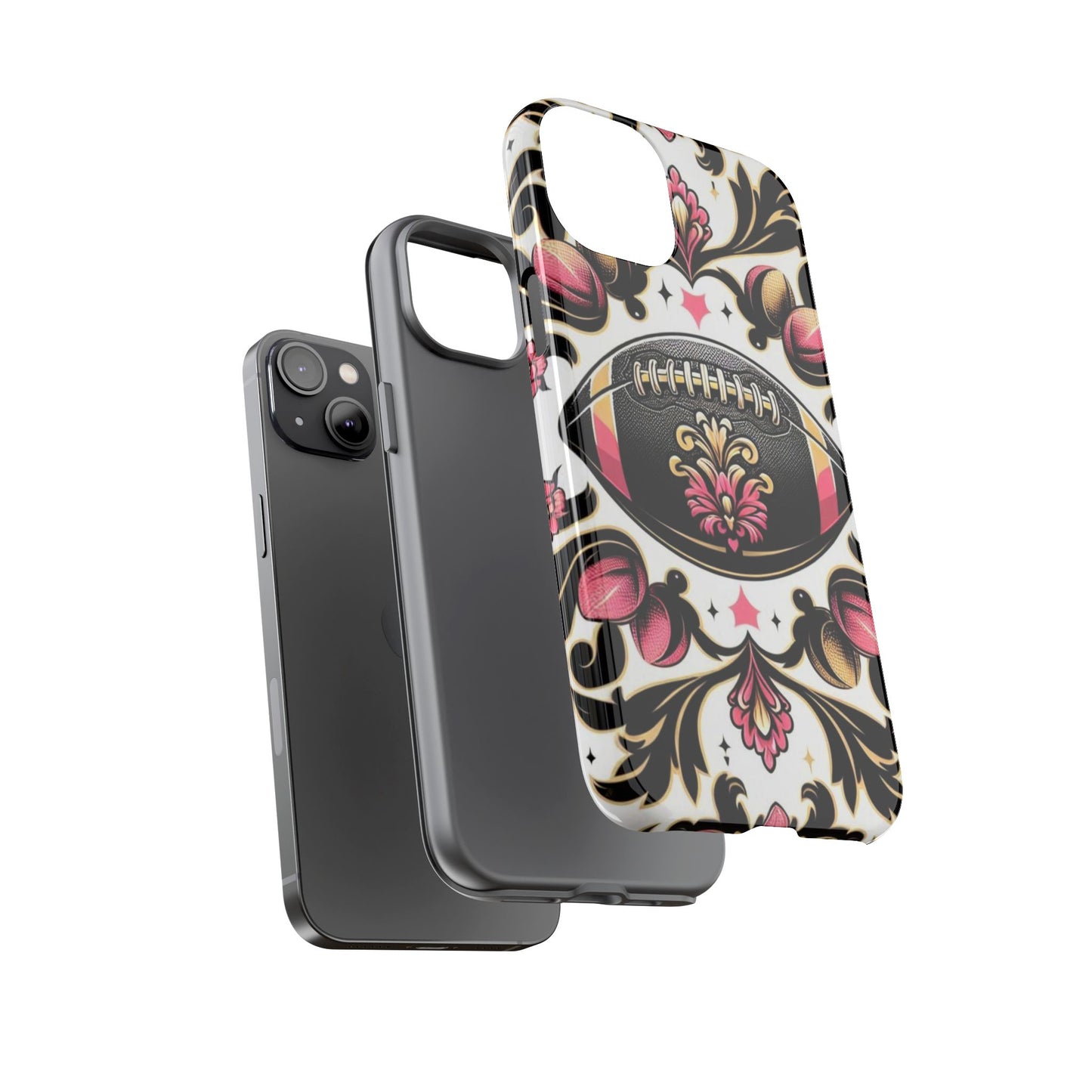 Elegant Floral Motif Phone Case - Tough Cases with Vintage Design - Damask White, Pink Gold & Black Football